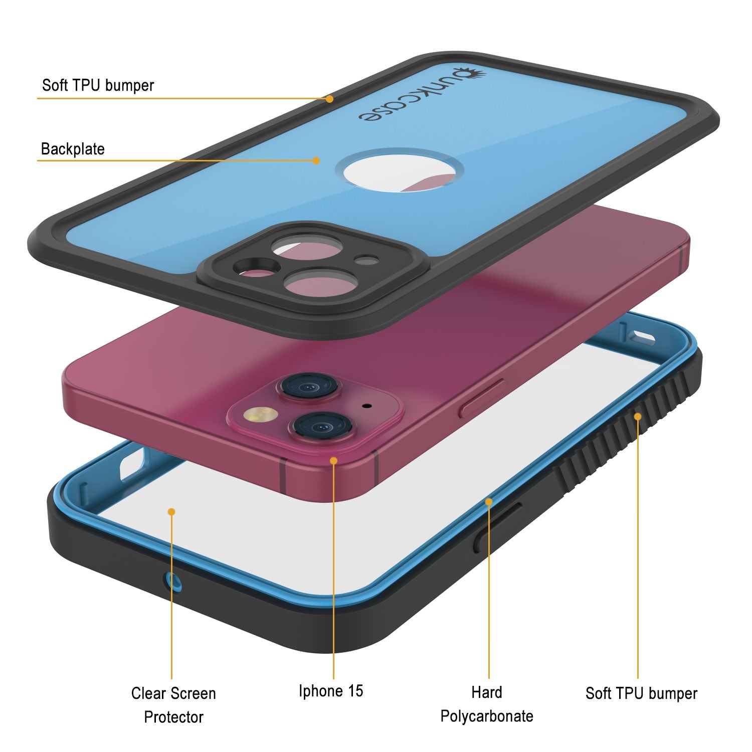 iPhone 15 Waterproof IP68 Case, Punkcase [Light blue] [StudStar Series] [Slim Fit] [Dirtproof]