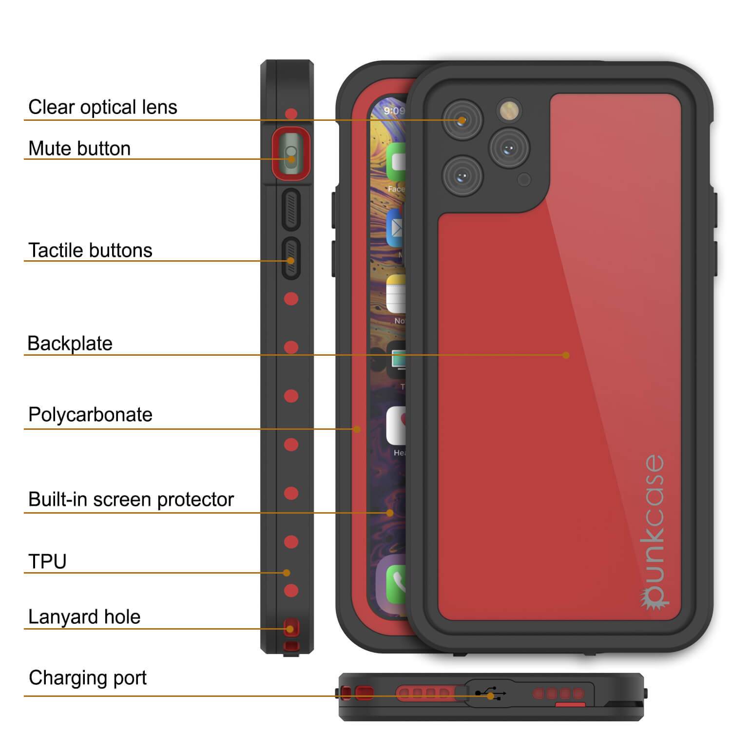 iPhone 11 Pro Max Waterproof IP68 Case, Punkcase [Red] [StudStar Series] [Slim Fit]