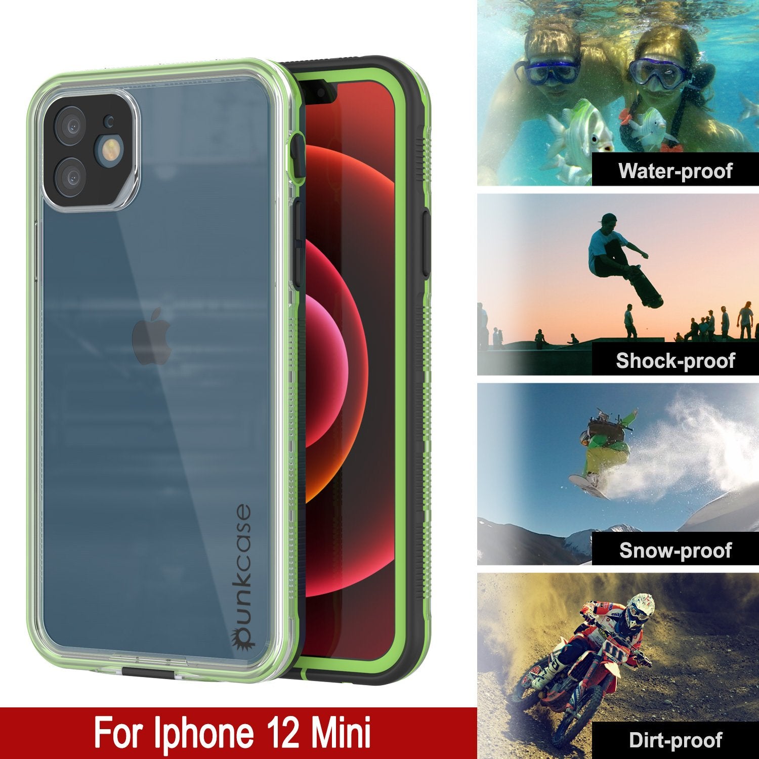 Punkcase iPhone 12 Mini Waterproof Case [Aqua Series] Armor Cover [Clear Black] [Clear Back]