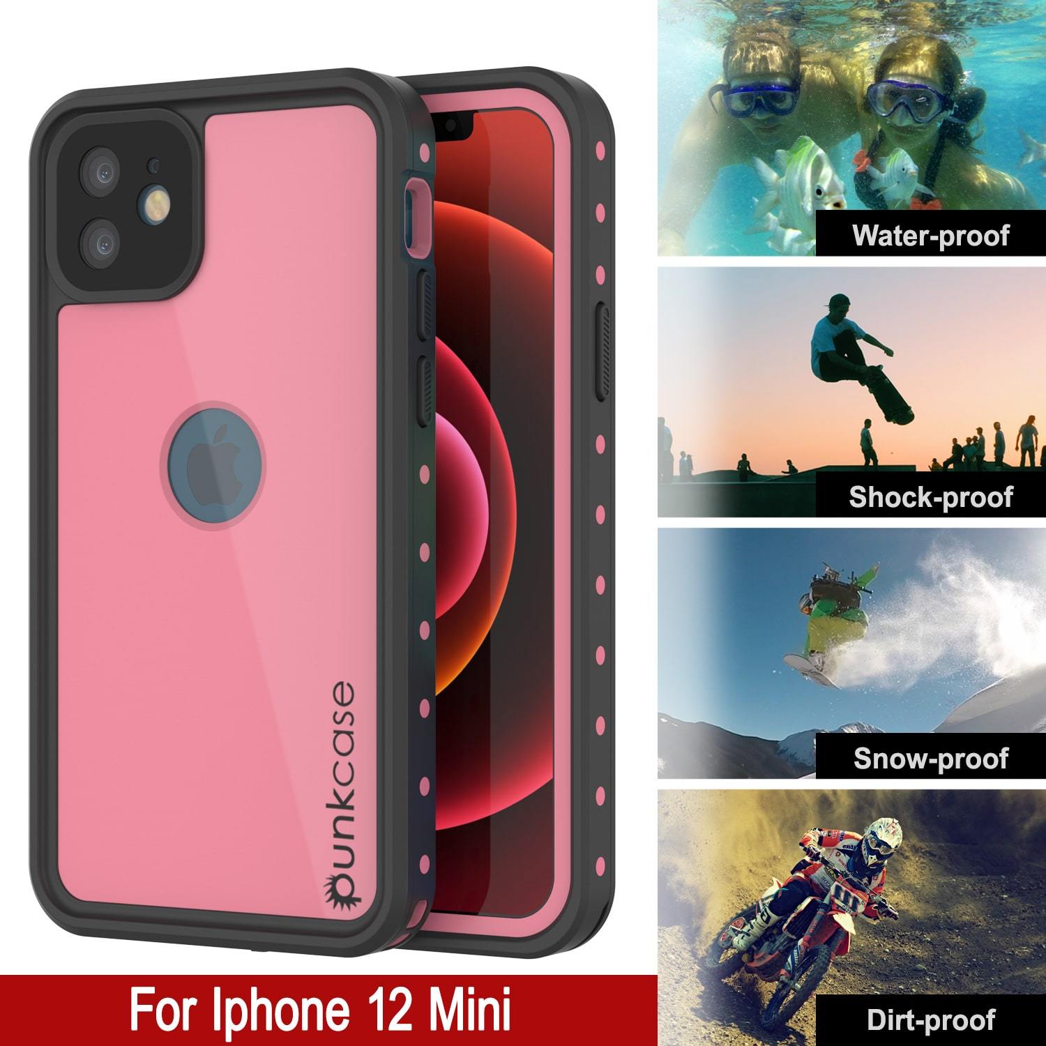 iPhone 12 Mini Waterproof IP68 Case, Punkcase [Pink] [StudStar Series] [Slim Fit] [Dirtproof]