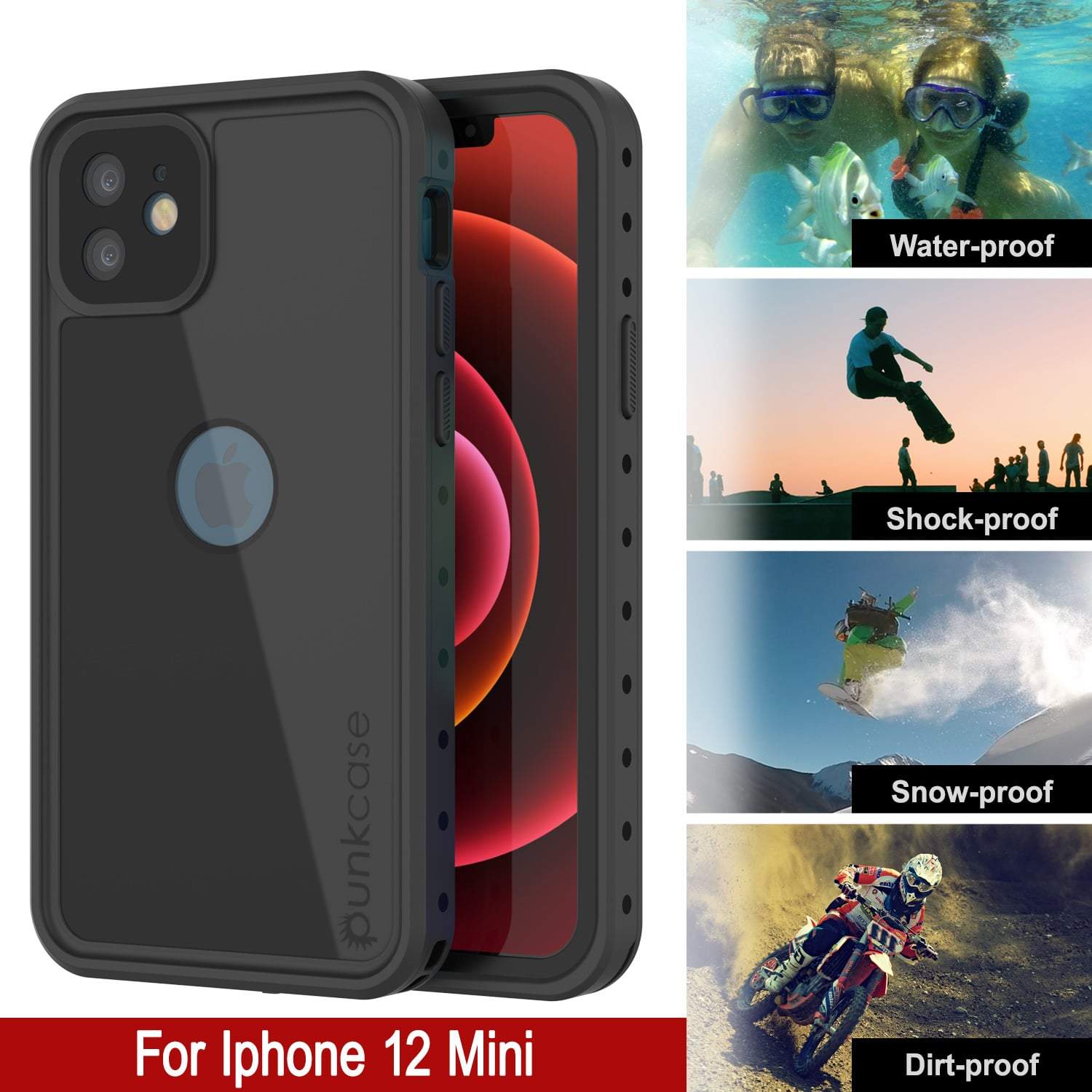 iPhone 12 Mini Waterproof IP68 Case, Punkcase [Black] [StudStar Series] [Slim Fit]