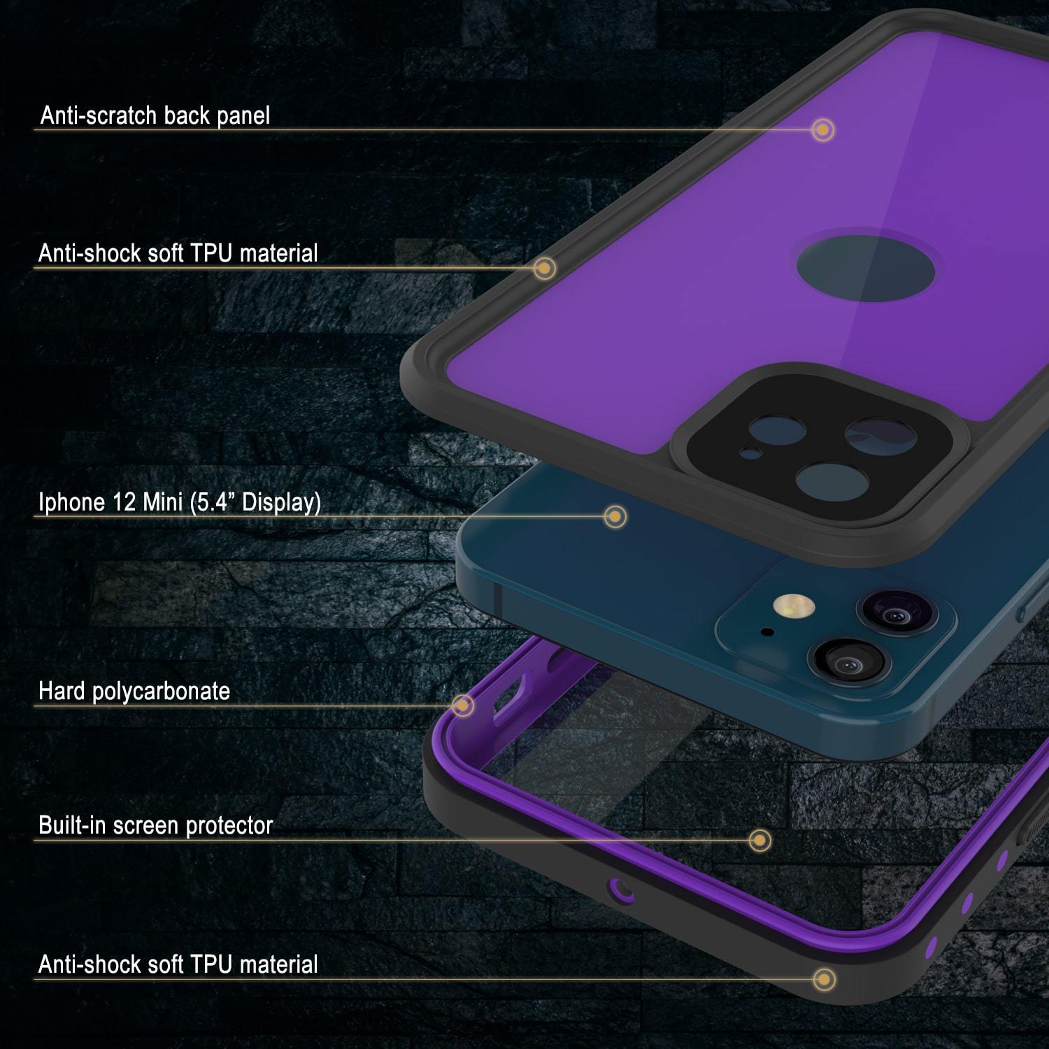iPhone 12 Mini Waterproof IP68 Case, Punkcase [Purple] [StudStar Series] [Slim Fit] [Dirtproof]
