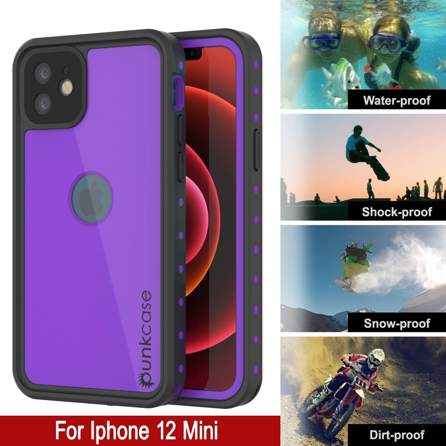 iPhone 12 Mini Waterproof IP68 Case, Punkcase [Purple] [StudStar Series] [Slim Fit] [Dirtproof]
