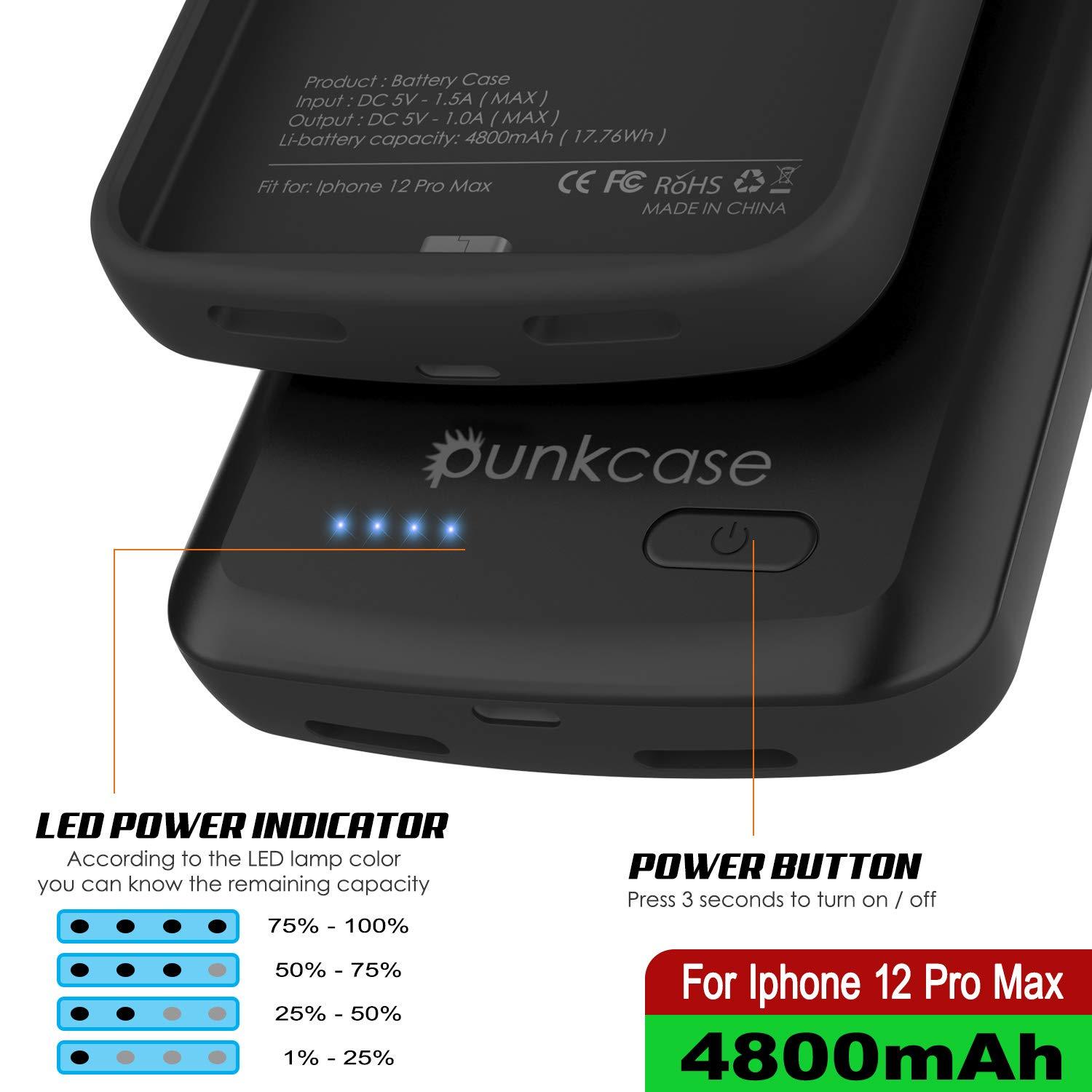 iPhone 12 Pro Max Battery Case, PunkJuice 4800mAH Fast Charging Power Bank W/ Screen Protector | [Black]