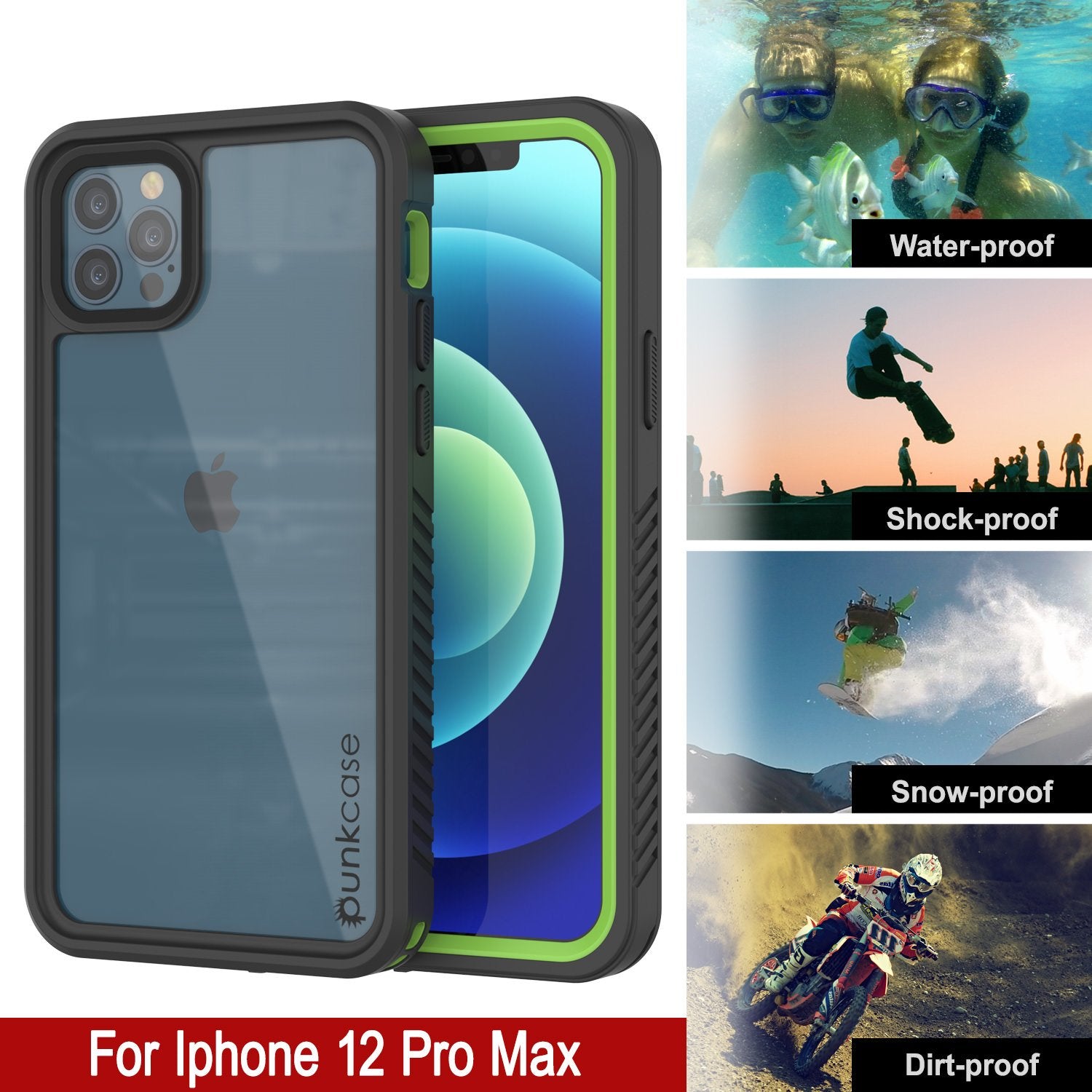 iPhone 12 Pro Max Waterproof Case, Punkcase [Extreme Series] Armor Cover W/ Built In Screen Protector [Light Green]