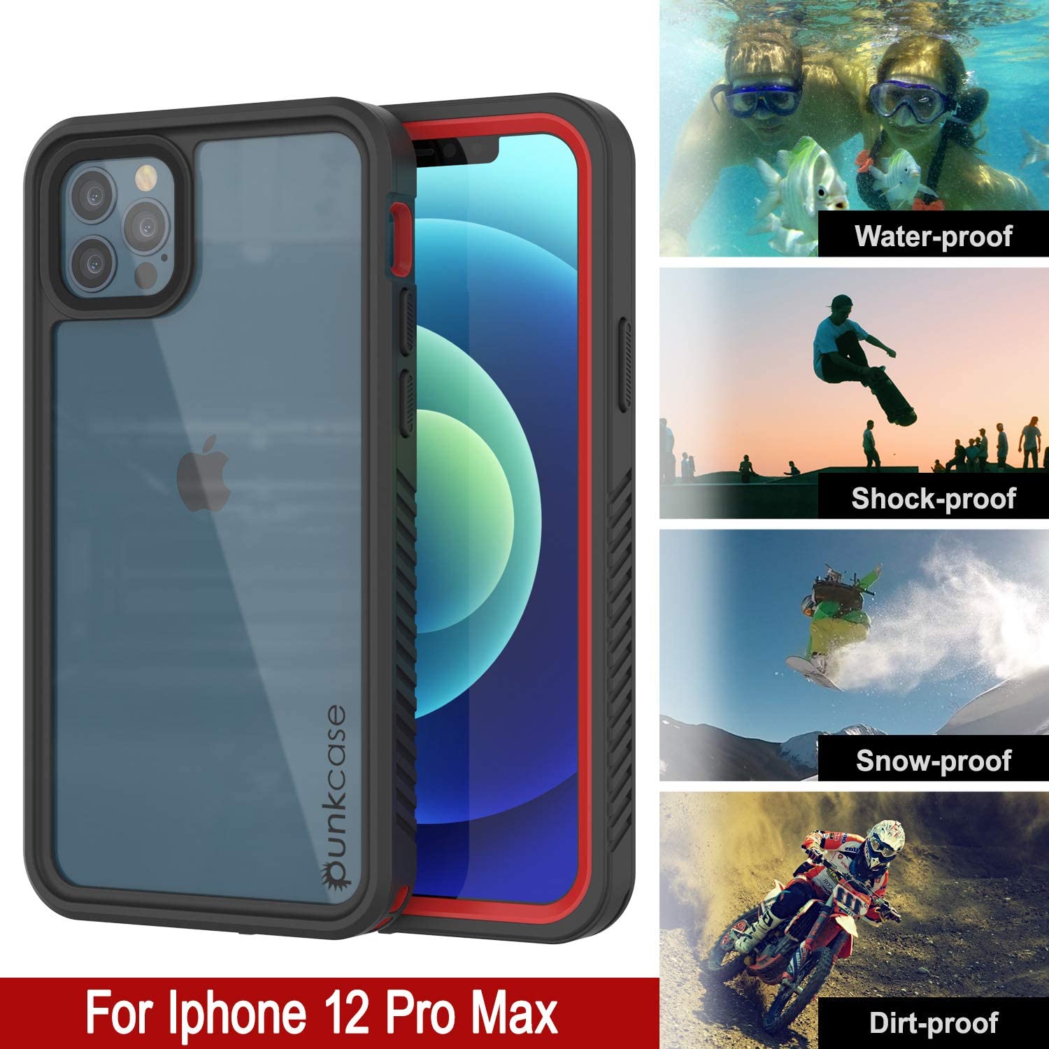 iPhone 12 Pro Max Waterproof Case, Punkcase [Extreme Series] Armor Cover W/ Built In Screen Protector [Red]