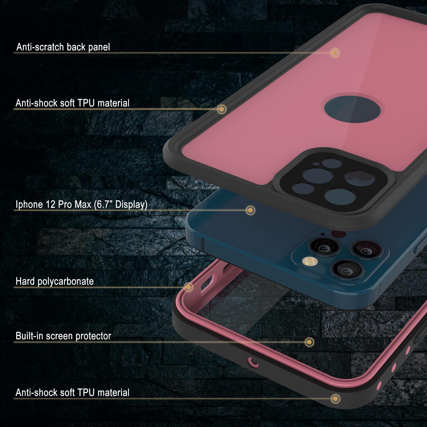 iPhone 12 Pro Max Waterproof IP68 Case, Punkcase [Pink] [StudStar Series] [Slim Fit] [Dirtproof]