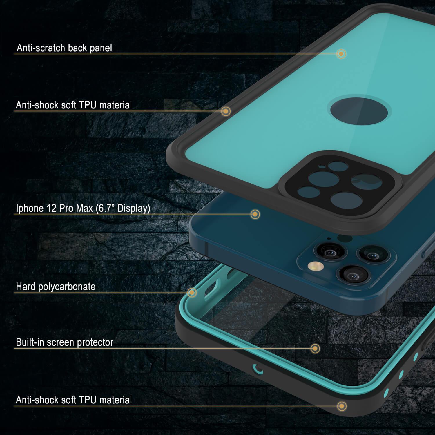 iPhone 12 Pro Max Waterproof IP68 Case, Punkcase [Teal] [StudStar Series] [Slim Fit]