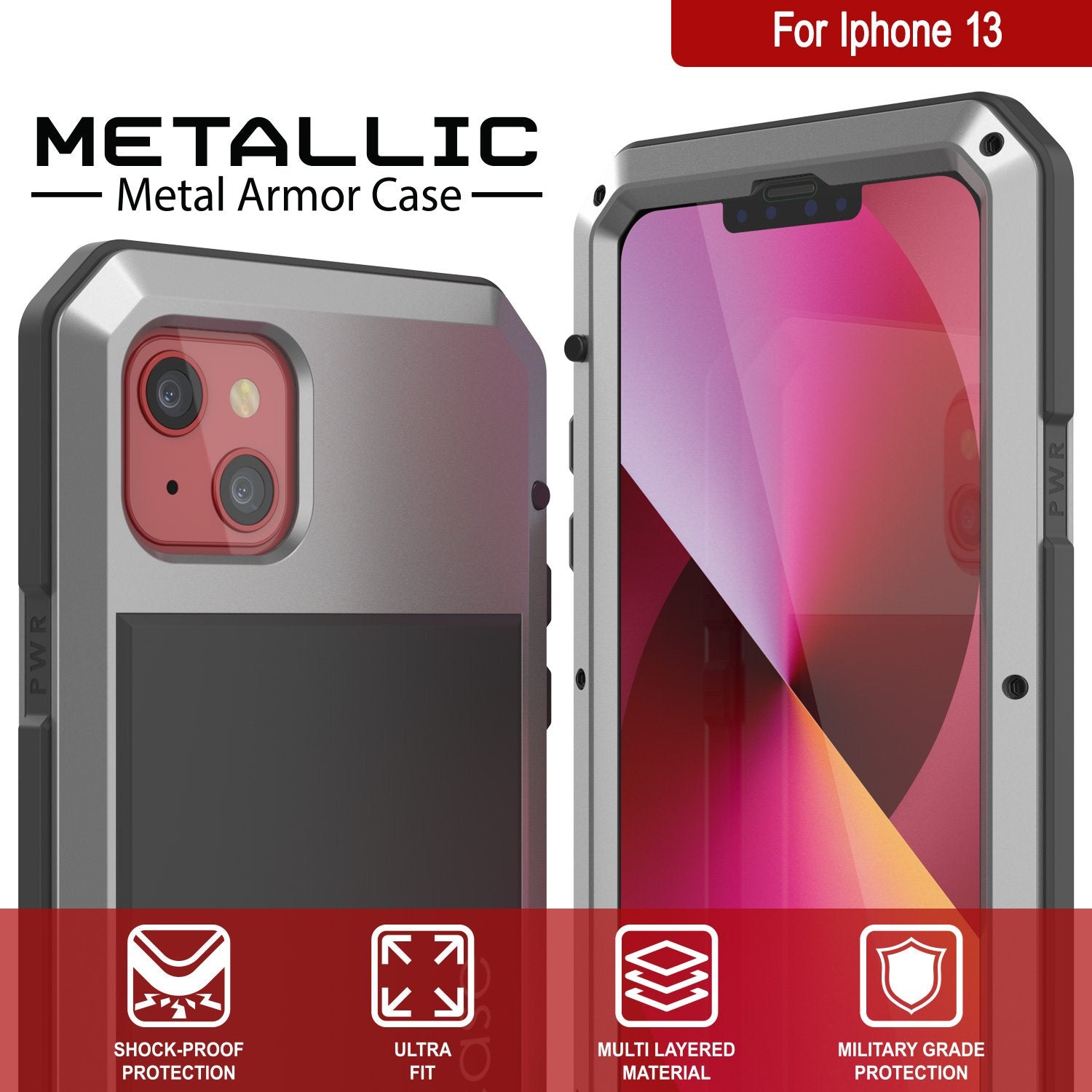 iPhone 13 Metal Case, Heavy Duty Military Grade Armor Cover [shock proof] Full Body Hard [Silver]