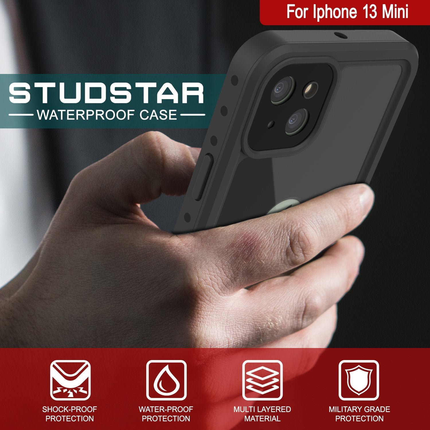 iPhone 13 Mini Waterproof IP68 Case, Punkcase [Black] [StudStar Series] [Slim Fit]