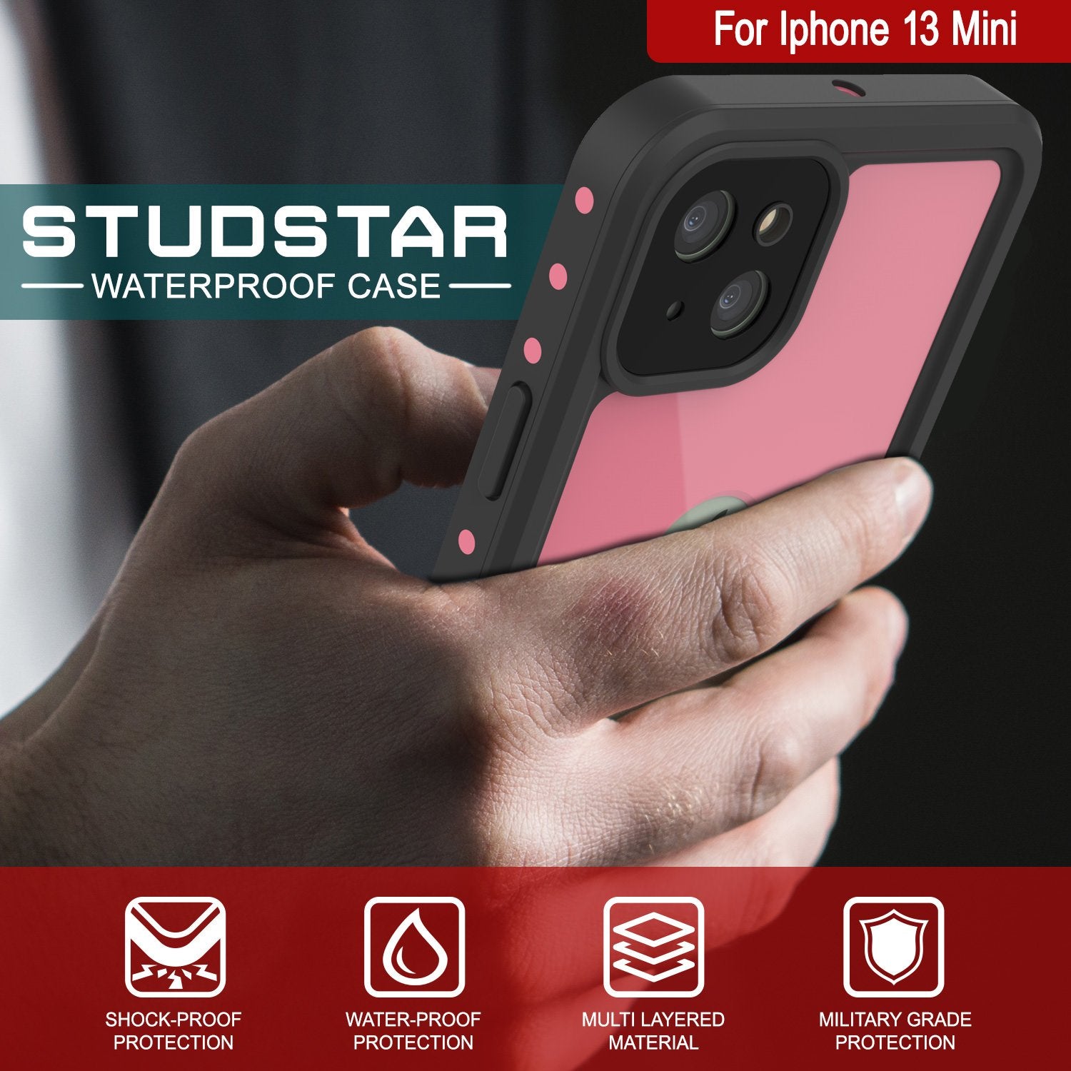 iPhone 13 Mini Waterproof IP68 Case, Punkcase [Pink] [StudStar Series] [Slim Fit] [Dirtproof]