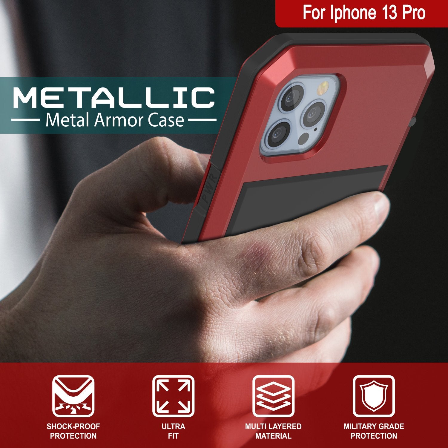 iPhone 13 Pro Metal Case, Heavy Duty Military Grade Armor Cover [shock proof] Full Body Hard [Red]