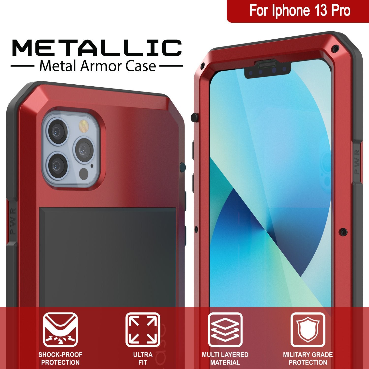 iPhone 13 Pro Metal Case, Heavy Duty Military Grade Armor Cover [shock proof] Full Body Hard [Red]