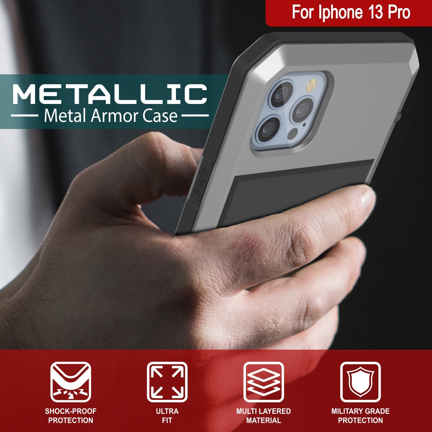iPhone 13 Pro Metal Case, Heavy Duty Military Grade Armor Cover [shock proof] Full Body Hard [Silver]
