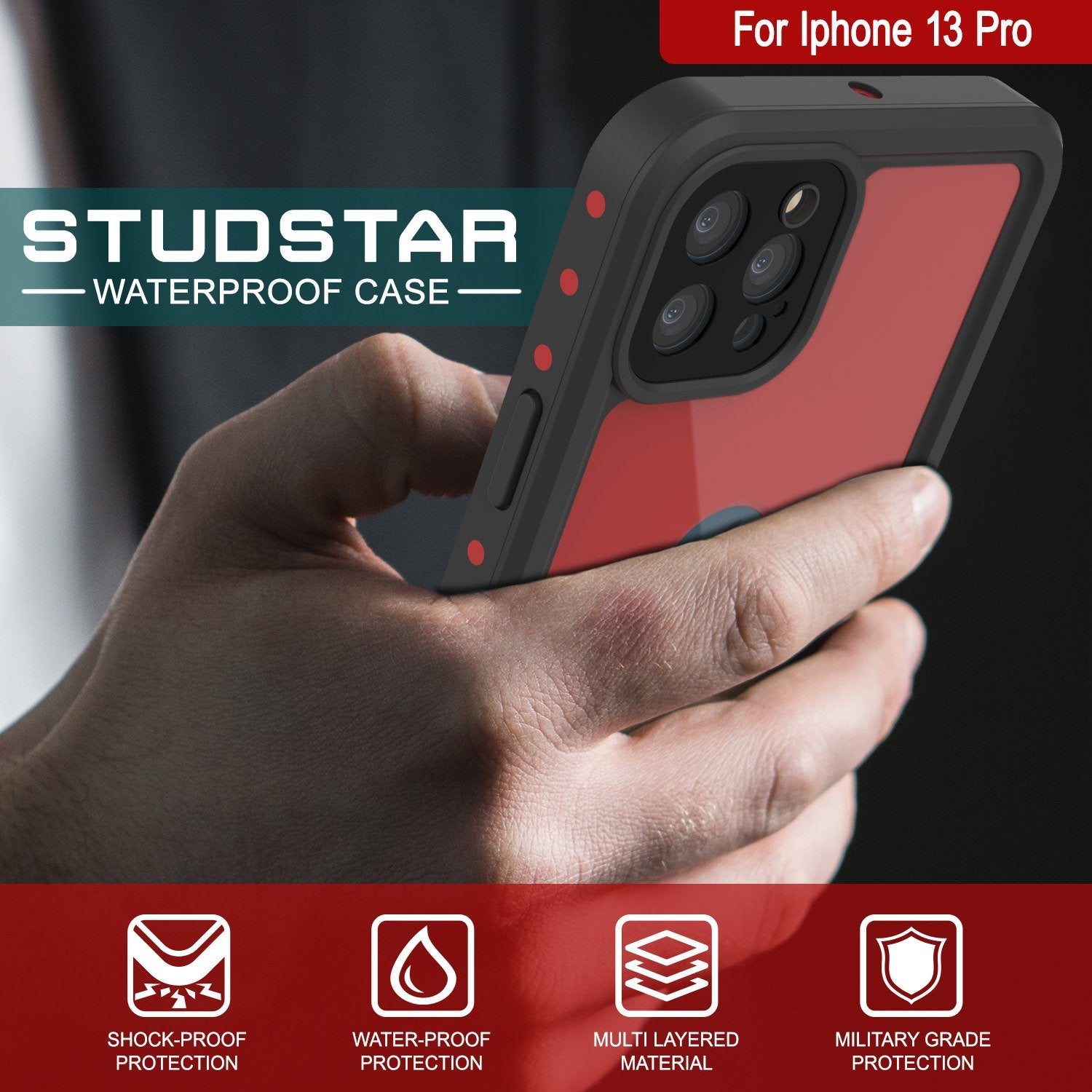 iPhone 13 Pro Waterproof IP68 Case, Punkcase [Red] [StudStar Series] [Slim Fit]