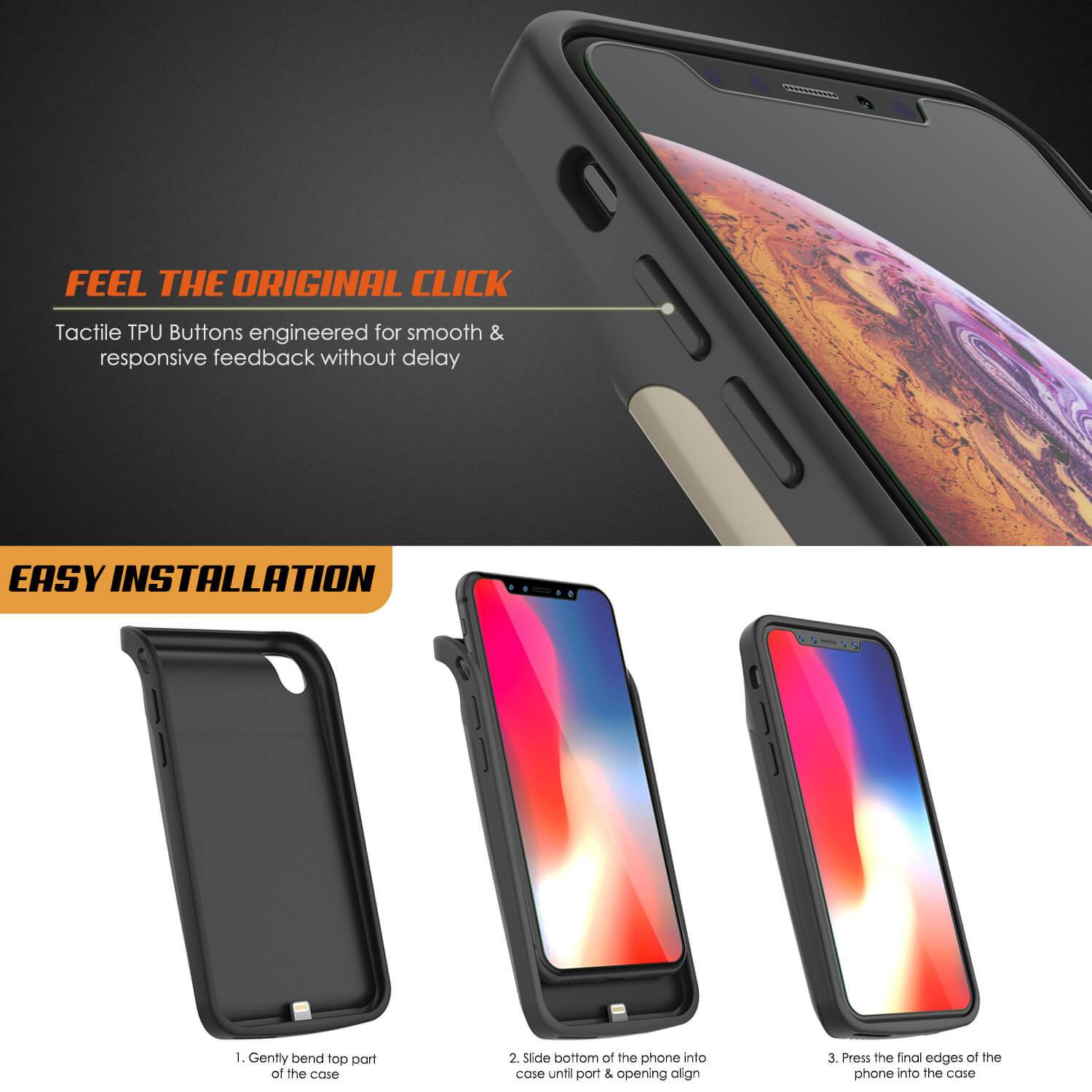iphone XS Max Battery Case, PunkJuice 5000mAH Fast Charging Power Bank W/ Screen Protector | [Gold]