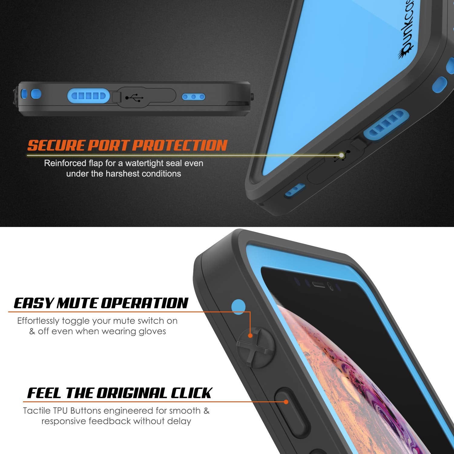 iPhone XS Max Waterproof IP68 Case, Punkcase [Light blue] [StudStar Series] [Slim Fit] [Dirtproof]