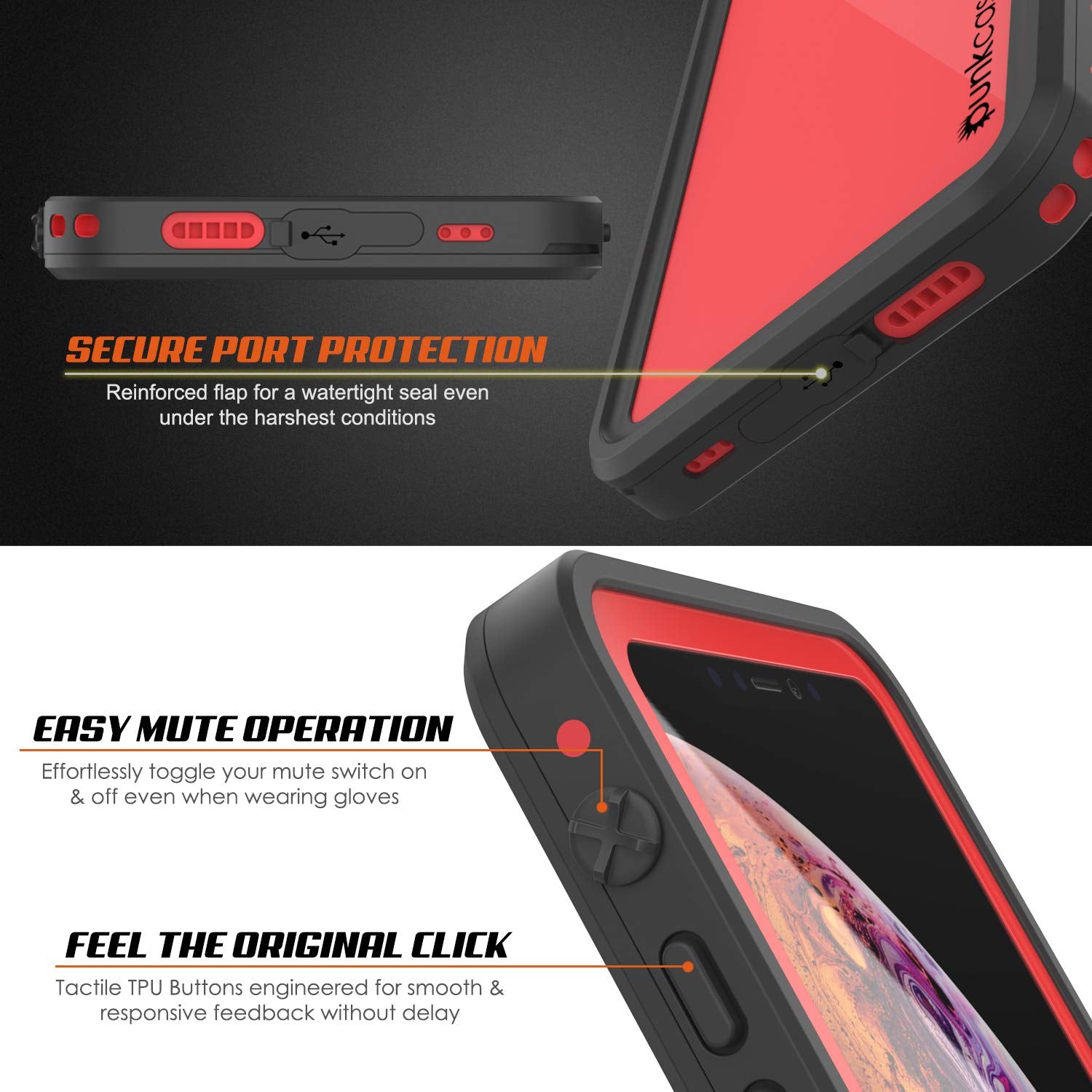 iPhone XS Max Waterproof IP68 Case, Punkcase [Red] [StudStar Series] [Slim Fit] [Dirtproof]