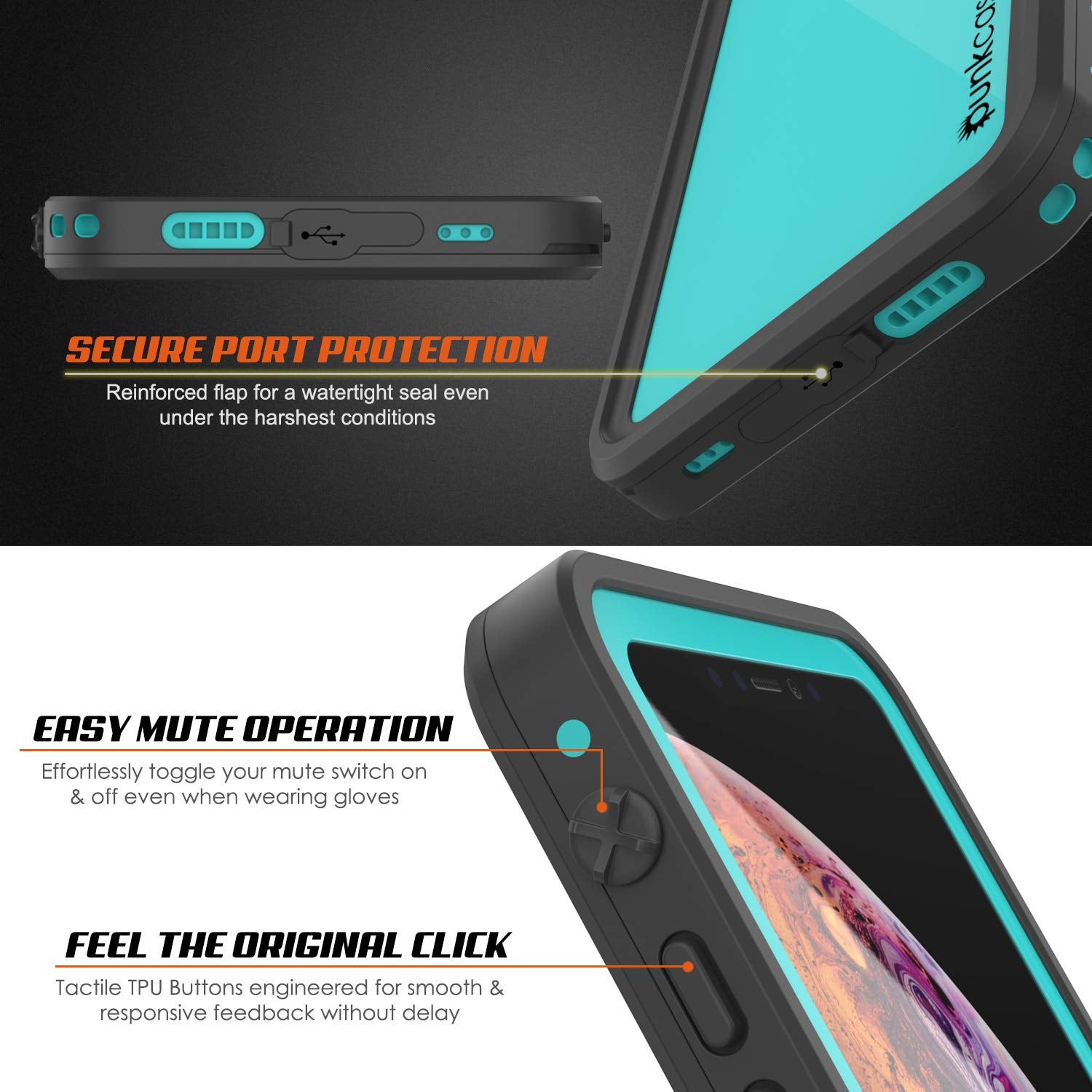 iPhone XS Max Waterproof IP68 Case, Punkcase [Teal] [StudStar Series] [Slim Fit] [Dirtproof]