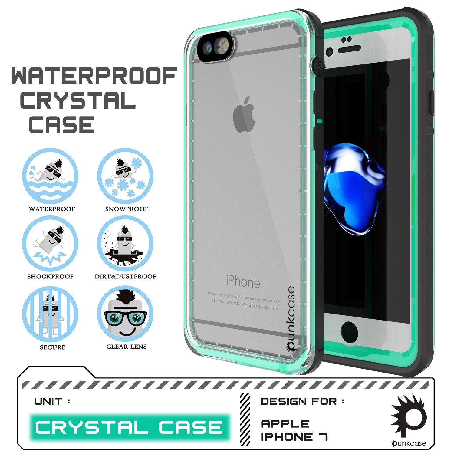 Apple iPhone 7 Waterproof Case, PUNKcase CRYSTAL Teal W/ Attached Screen Protector  | Warranty