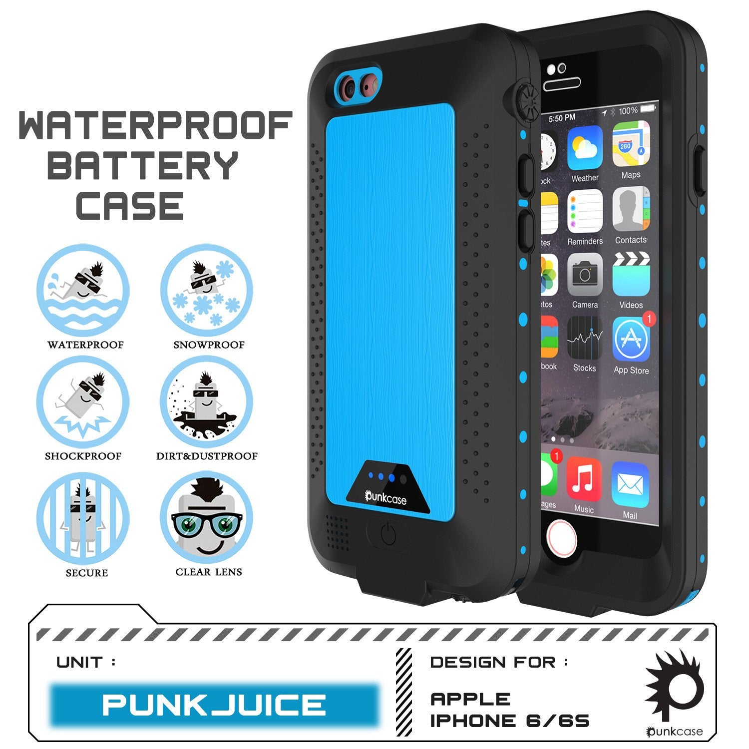 PunkJuice iPhone 6+ Plus/6s+ Plus Battery Case Light Blue - Waterproof Slim Juice Bank with 4300mAh