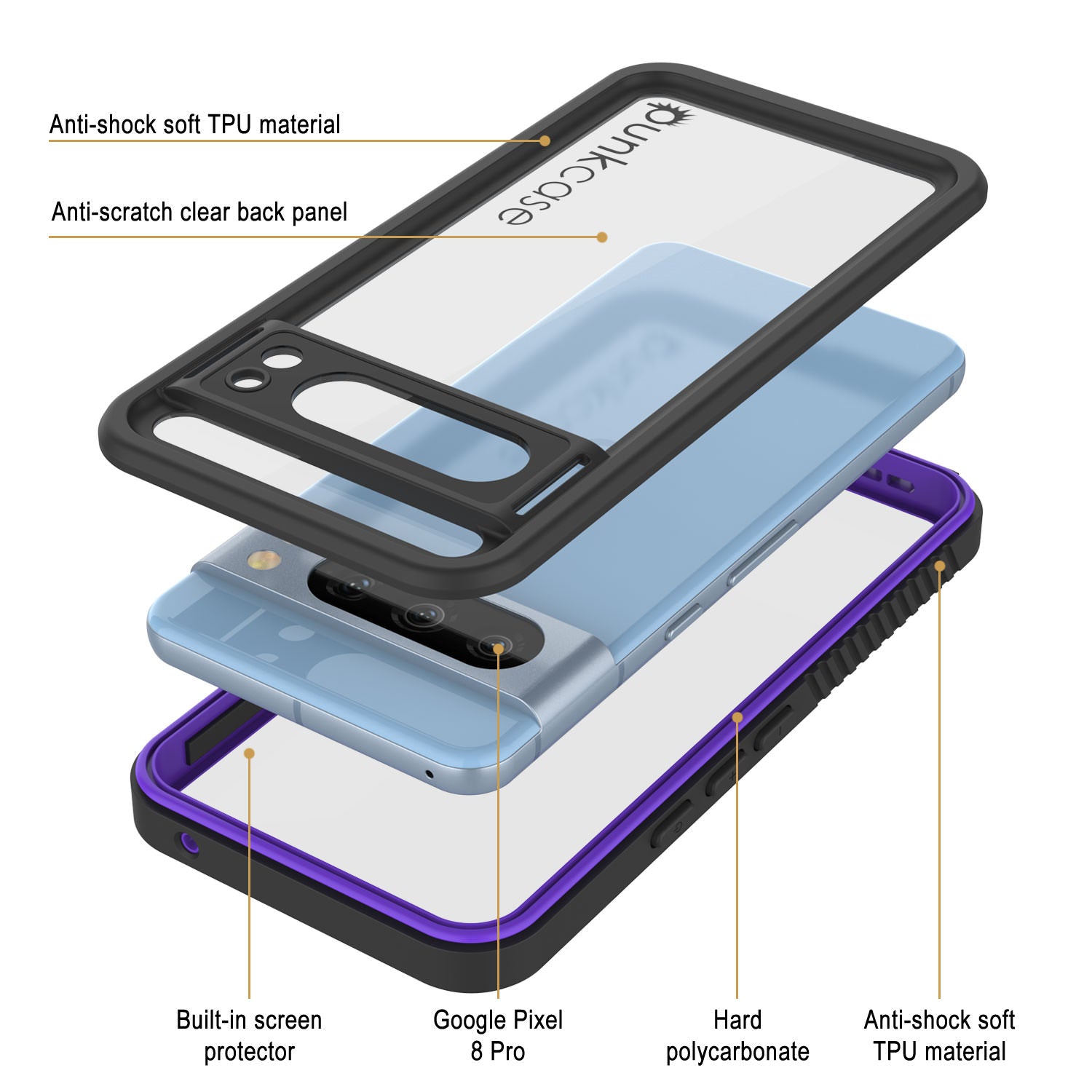Google Pixel 8 Pro Waterproof Case, Punkcase [Extreme Series] Armor Cover W/ Built In Screen Protector [Purple]