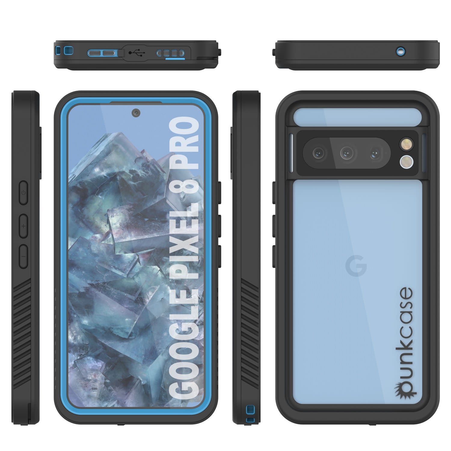 Google Pixel 8 Pro Waterproof Case, Punkcase [Extreme Series] Armor Cover W/ Built In Screen Protector [Light Blue]