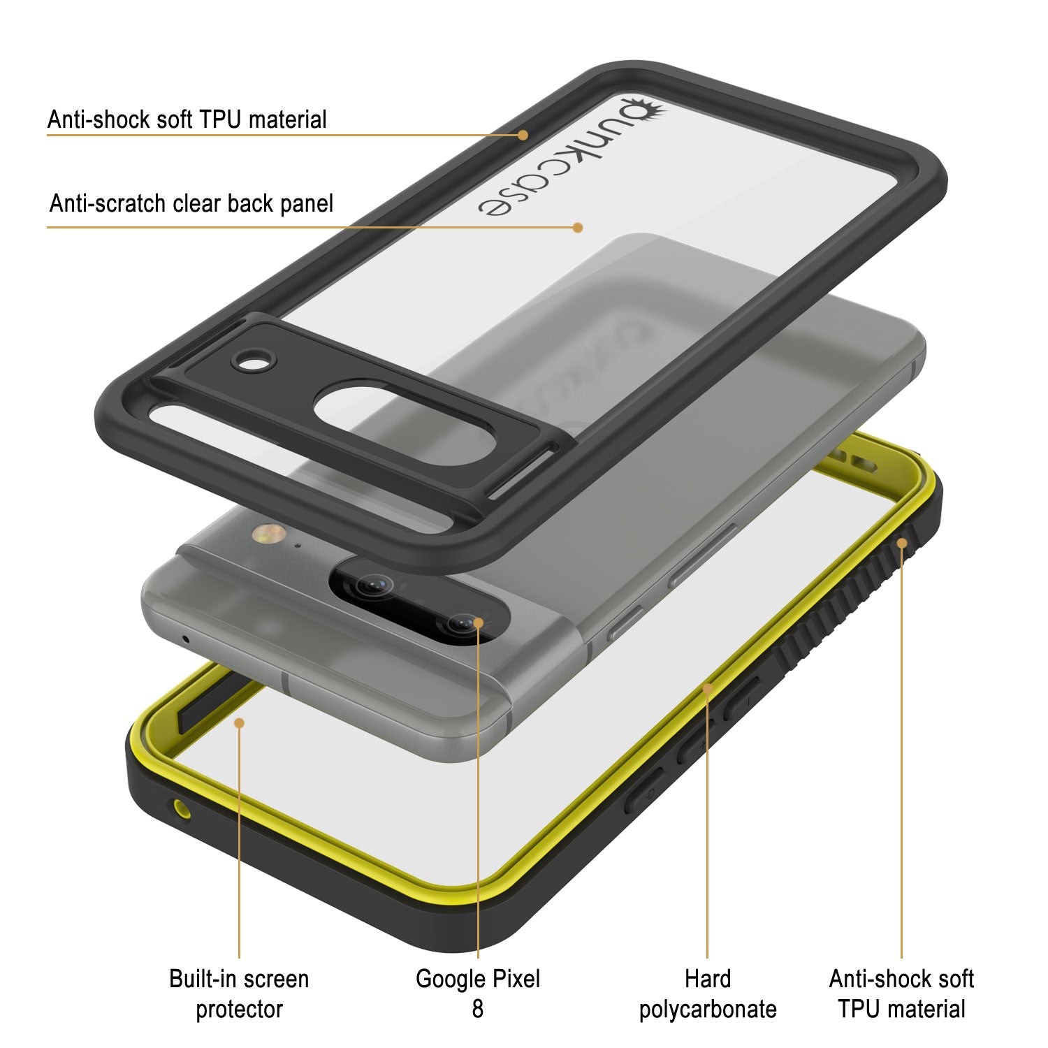 Google Pixel 8  Waterproof Case, Punkcase [Extreme Series] Armor Cover W/ Built In Screen Protector [Yellow]