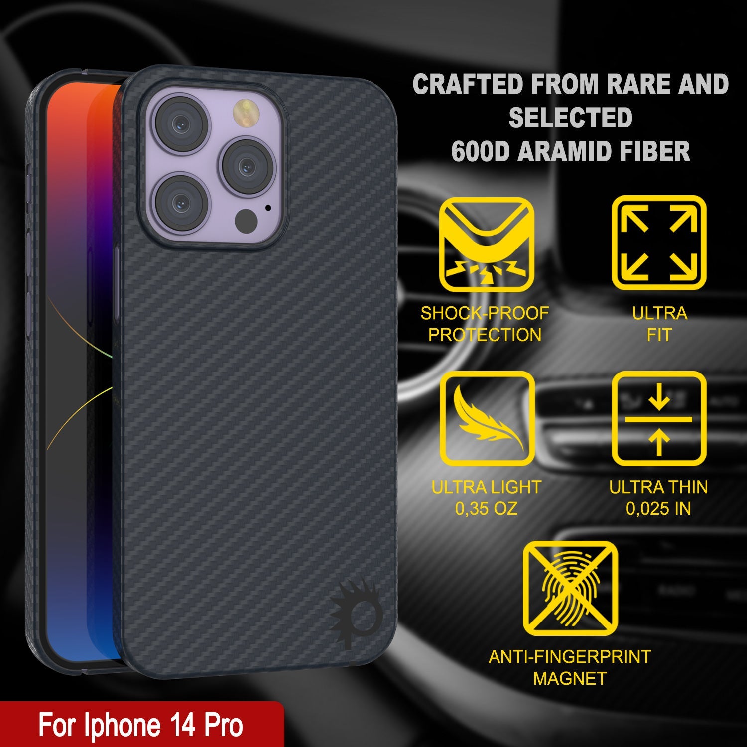 Punkcase iPhone 14 Pro Carbon Fiber Case [AramidShield Series] Ultra Slim & Light Kevlar