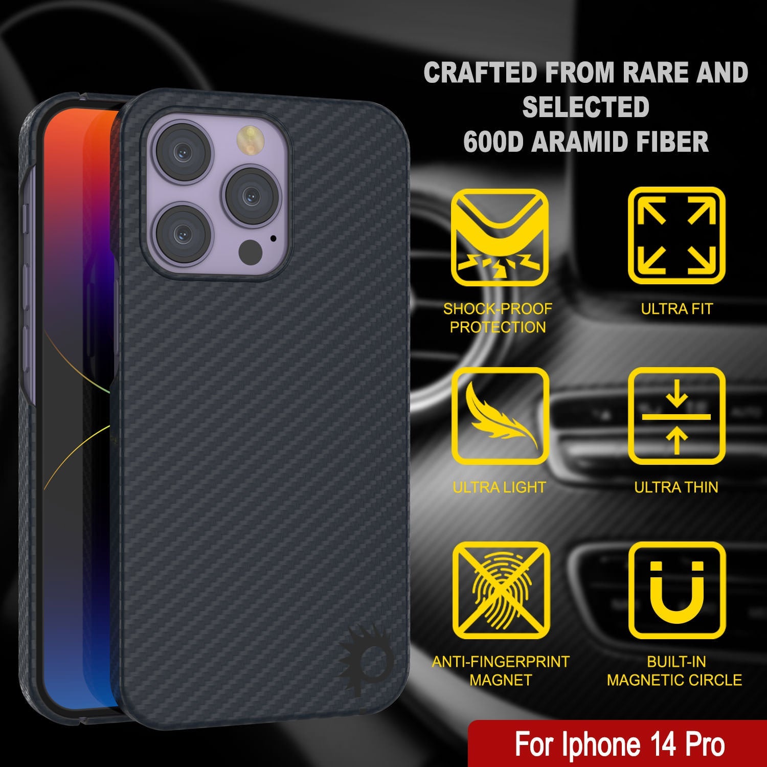 Punkcase for iPhone 14 Pro Carbon Fiber Case [Aramid MagShield Series] Ultra Slim