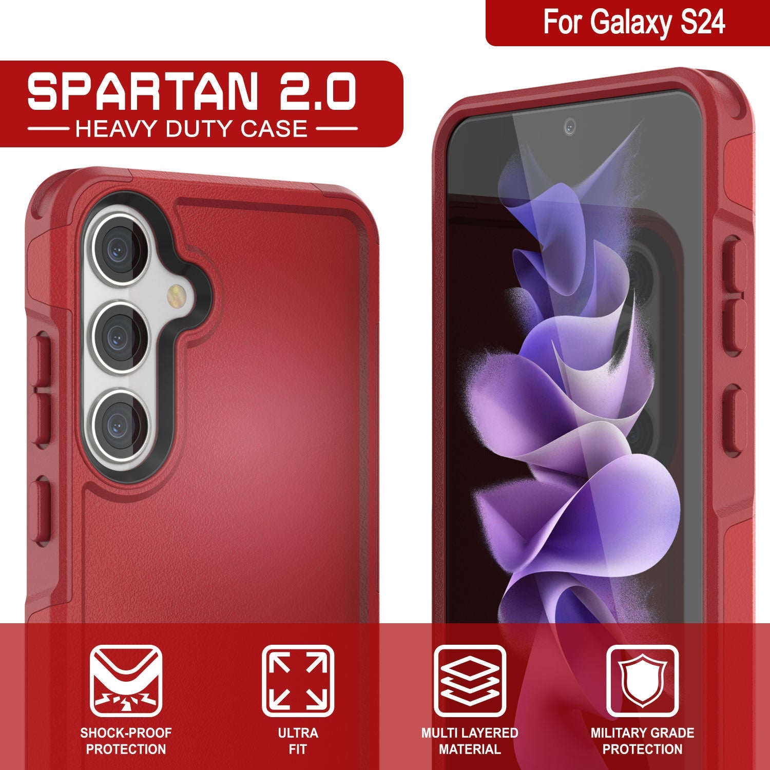 PunkCase Galaxy S24 Case, [Spartan 2.0 Series] Clear Rugged Heavy Duty Cover [Red]