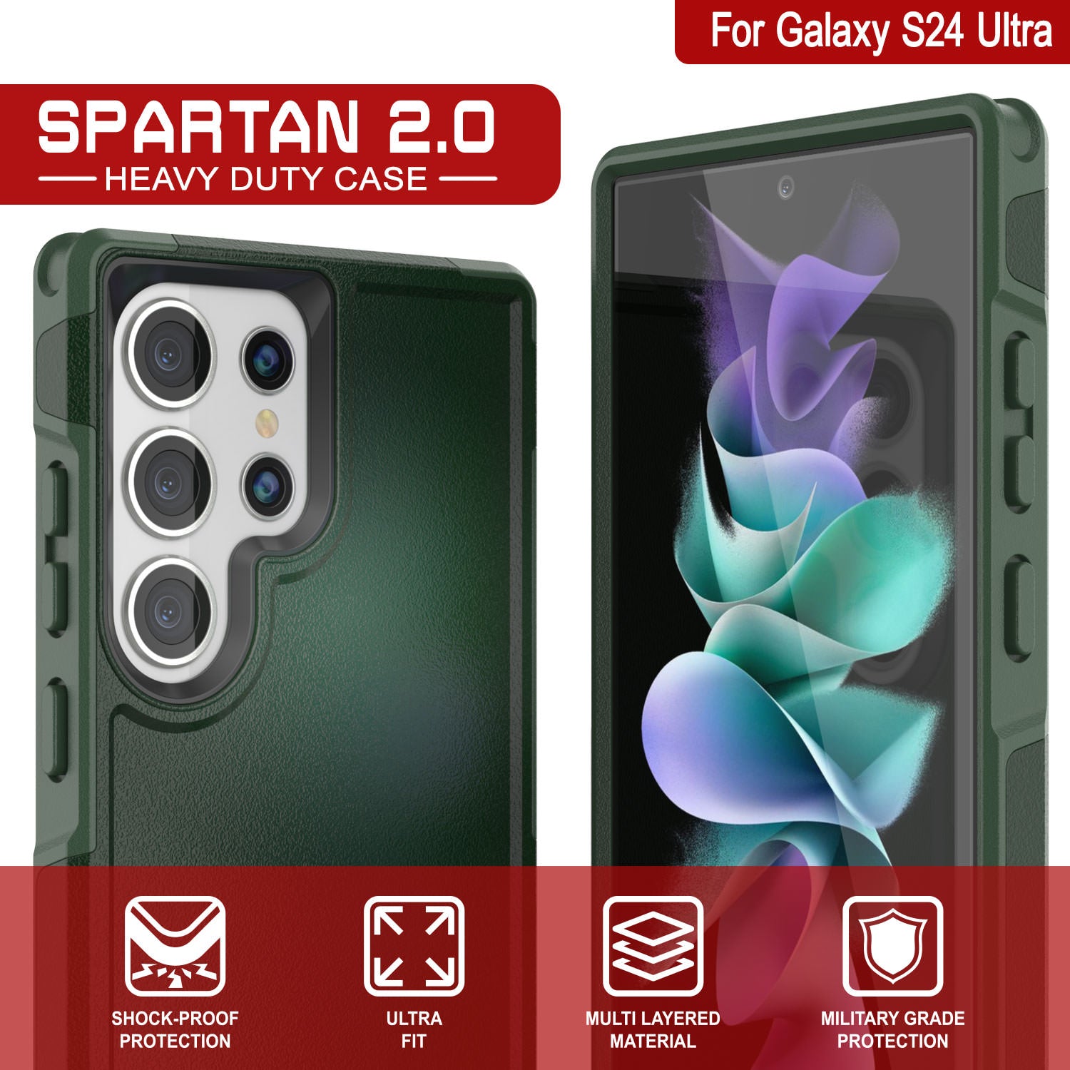 PunkCase Galaxy S24 Ultra Case, [Spartan 2.0 Series] Clear Rugged Heavy Duty Cover [Dark Green]