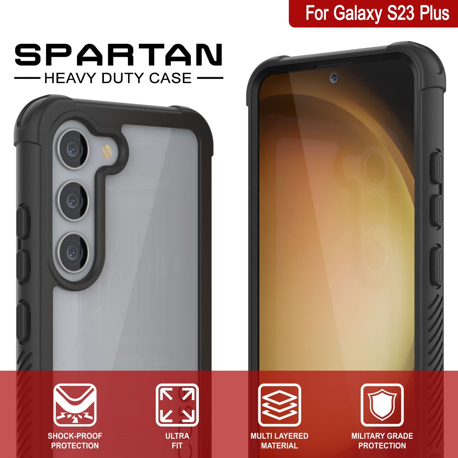 PunkCase Galaxy S23+ Plus Case, [Spartan Series] Clear Rugged Heavy Duty Cover [Black]