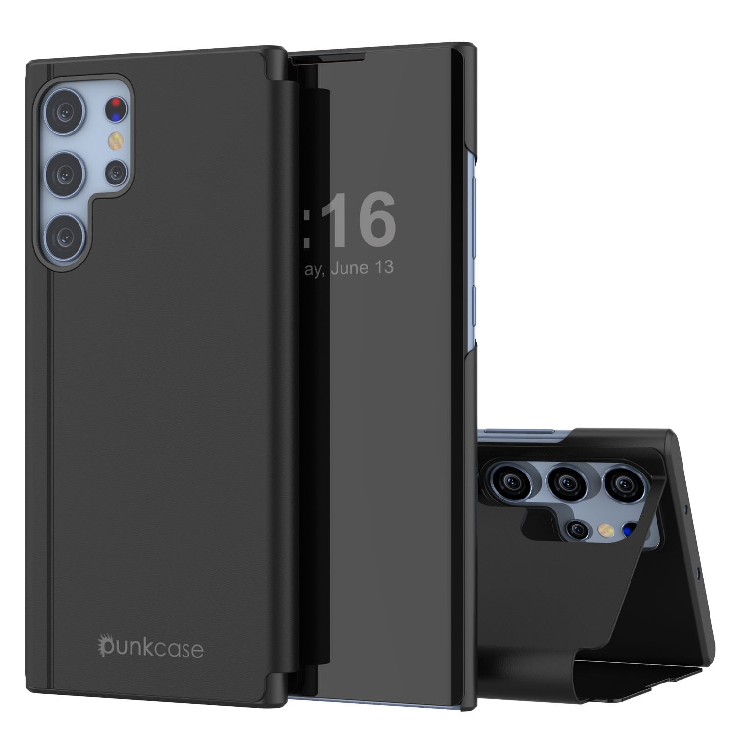 Punkcase Galaxy S23 Ultra Reflector Case Protective Flip Cover [Black]