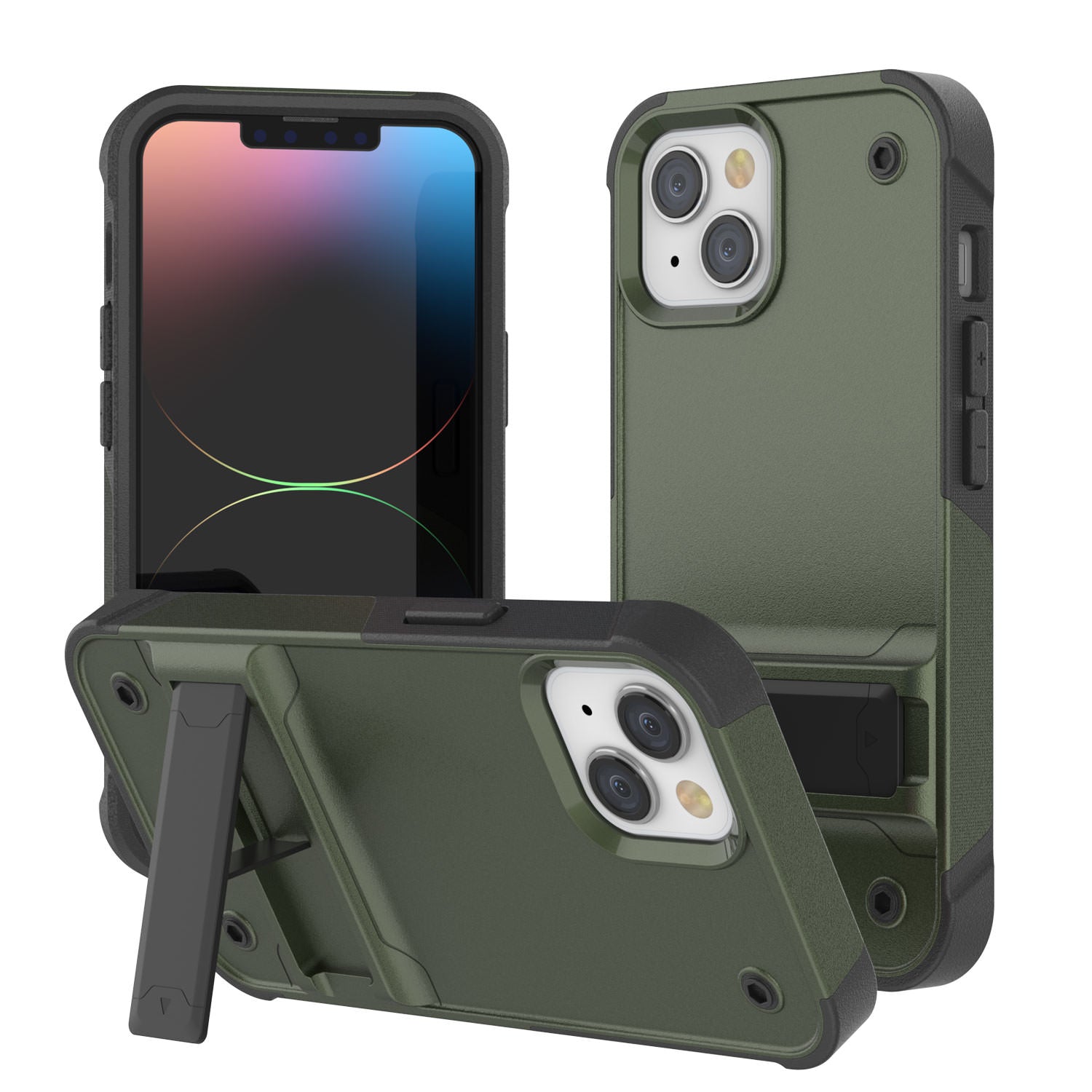 Punkcase iPhone 14 Plus Case [Reliance Series] Protective Hybrid Military Grade Cover W/Built-in Kickstand [Army-Green-Black]