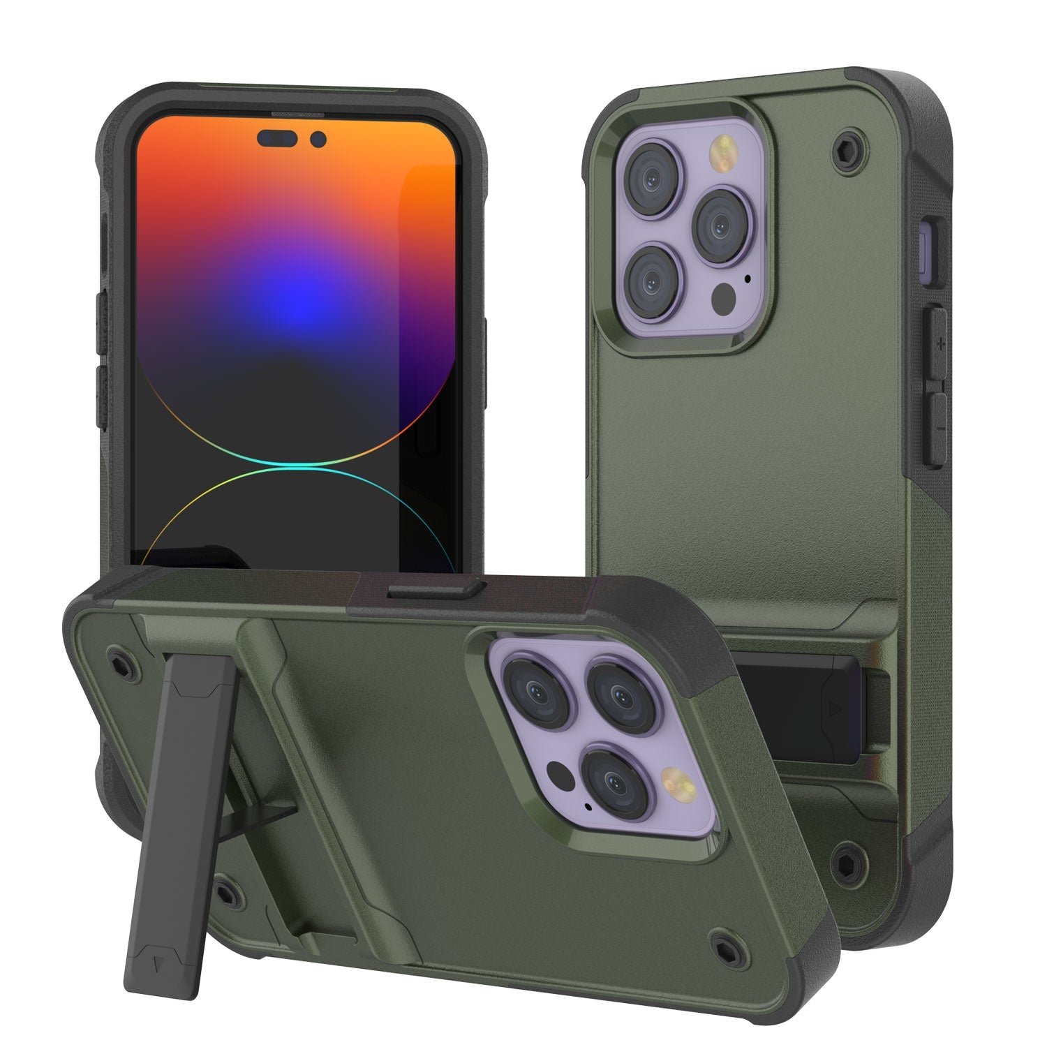 Punkcase iPhone 14 Pro Case [Reliance Series] Protective Hybrid Military Grade Cover W/Built-in Kickstand [Army-Green-Black]