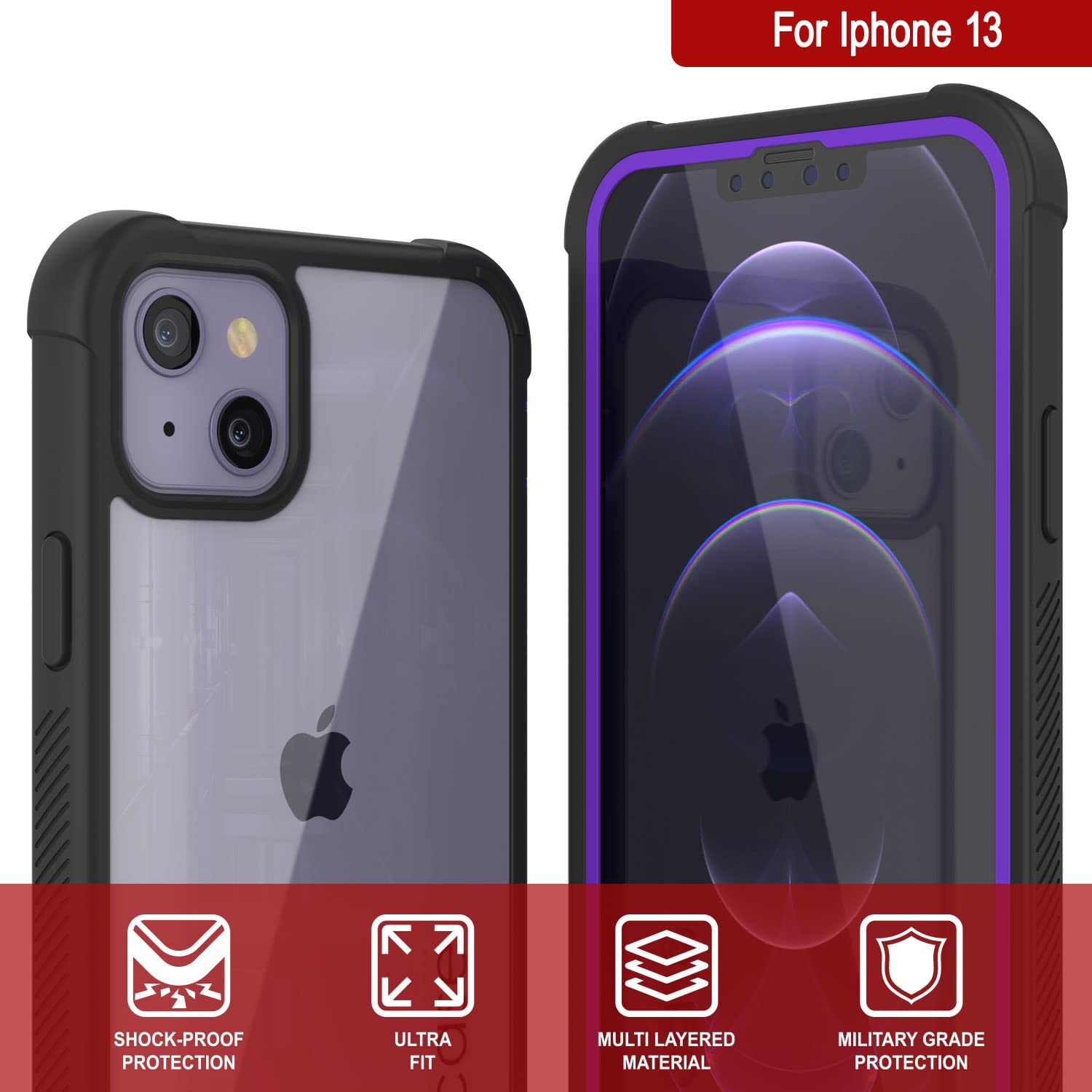 PunkCase iPhone 13 Case, [Spartan Series] Clear Rugged Heavy Duty Cover W/Built in Screen Protector [Purple]