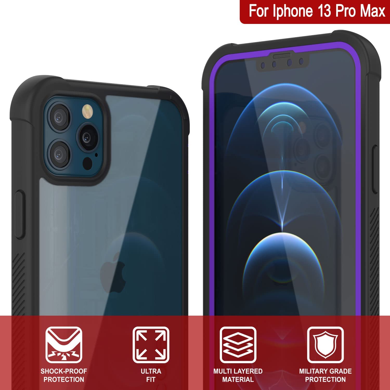 PunkCase iPhone 13 Pro Max Case, [Spartan Series] Clear Rugged Heavy Duty Cover W/Built in Screen Protector [Purple]