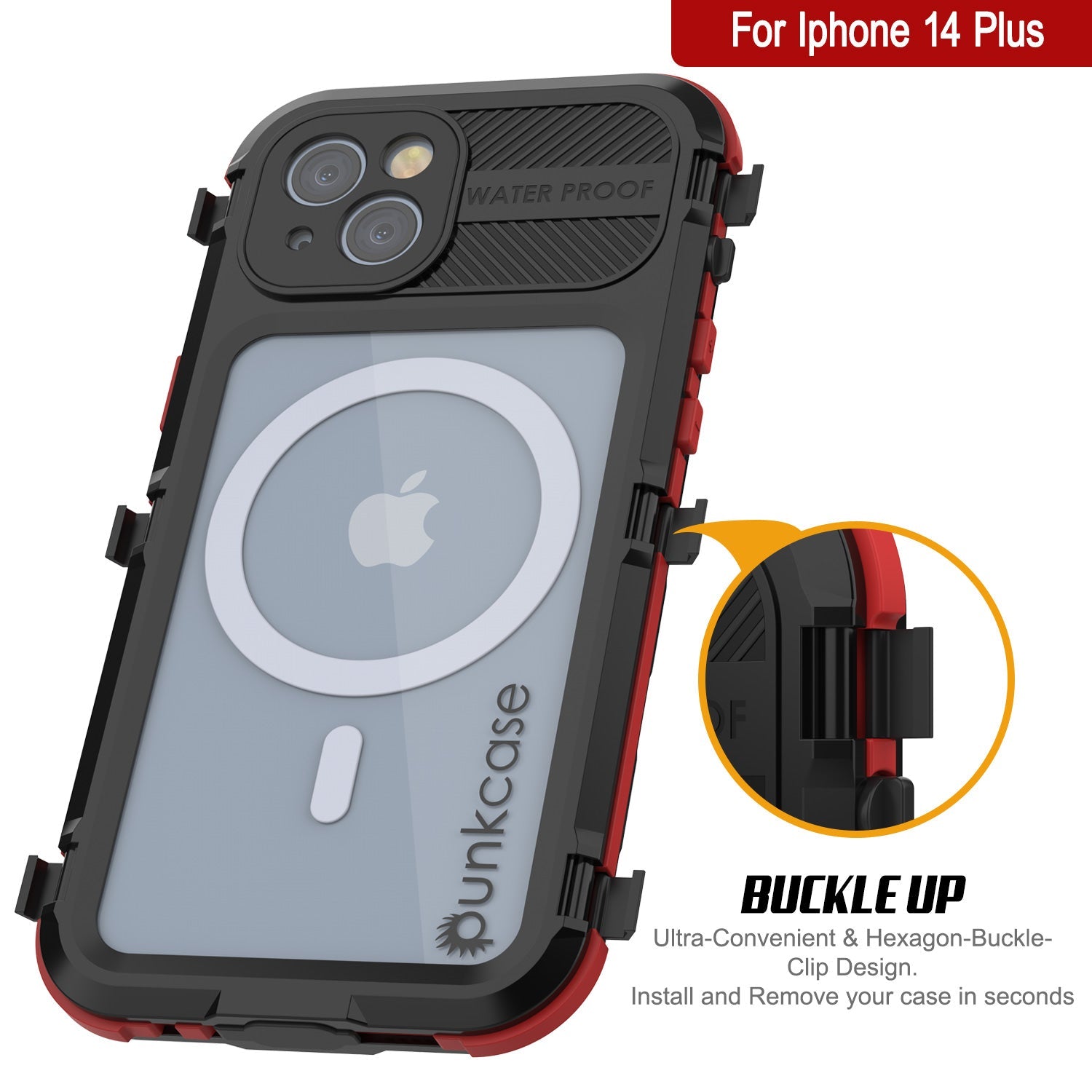 iPhone 14 Plus Metal Extreme 2.0 Series Aluminum Waterproof Case IP68 W/Buillt in Screen Protector [Black-Red]