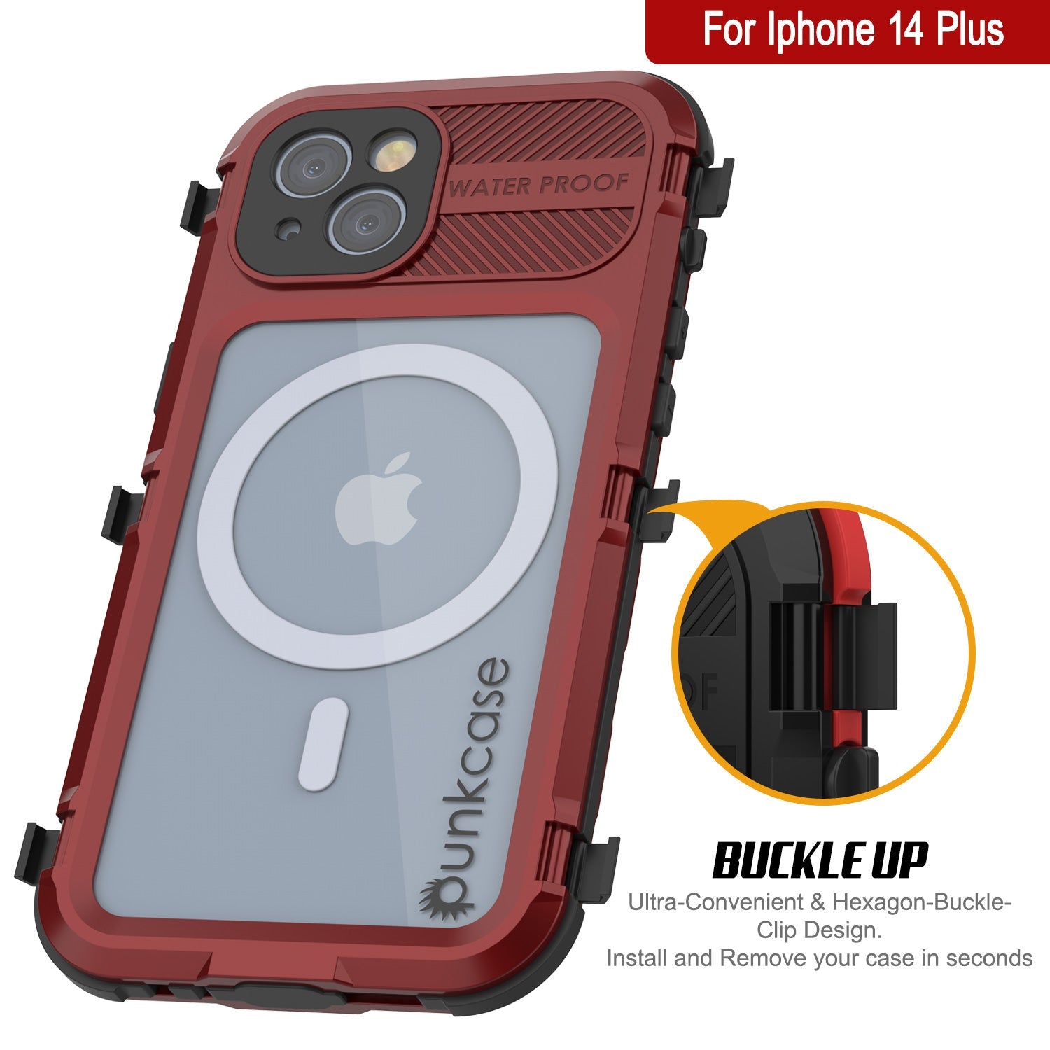 iPhone 14 Plus Metal Extreme 2.0 Series Aluminum Waterproof Case IP68 W/Buillt in Screen Protector [Red-Black]