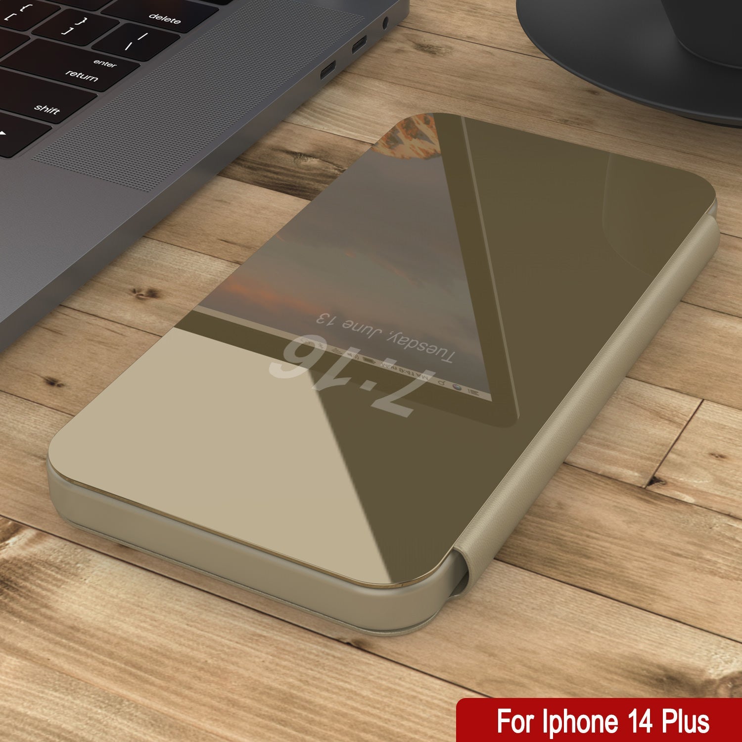 Punkcase iPhone 14 Plus Reflector Case Protective Flip Cover [Gold]