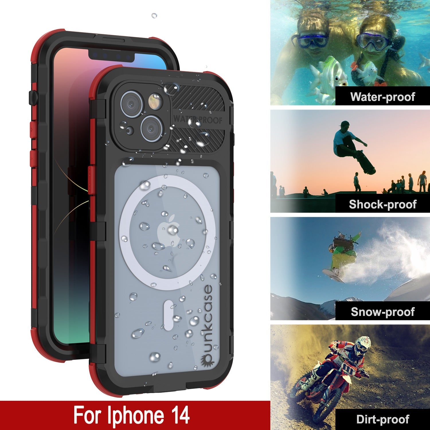 iPhone 14 Metal Extreme 2.0 Series Aluminum Waterproof Case IP68 W/Buillt in Screen Protector [Black-Red]