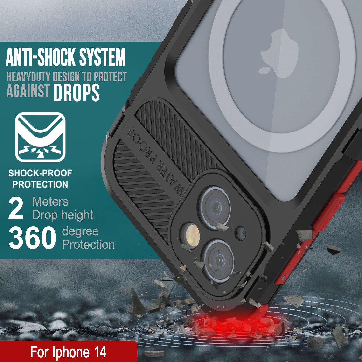 iPhone 14 Metal Extreme 2.0 Series Aluminum Waterproof Case IP68 W/Buillt in Screen Protector [Black-Red]