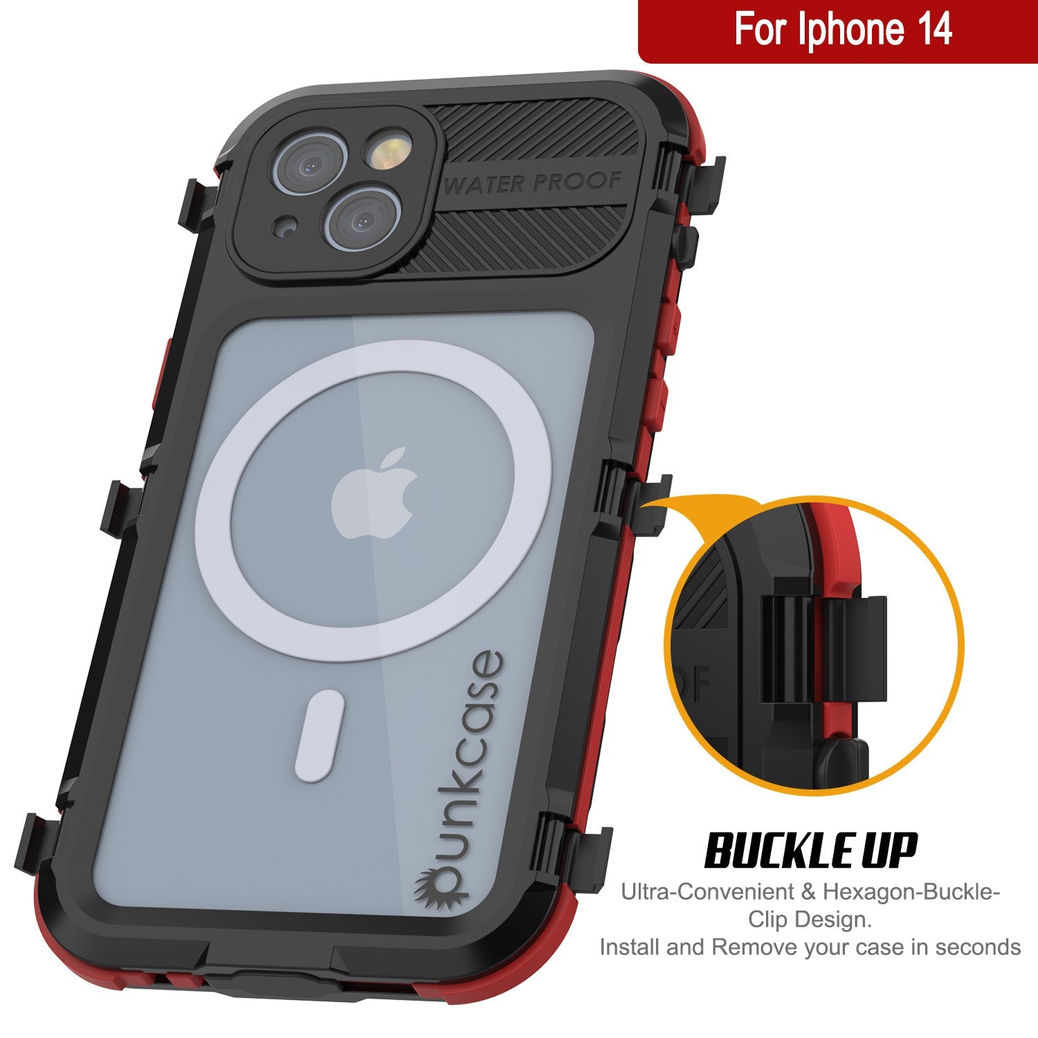 iPhone 14 Metal Extreme 2.0 Series Aluminum Waterproof Case IP68 W/Buillt in Screen Protector [Black-Red]