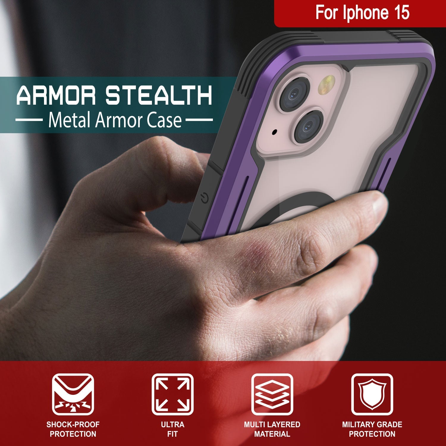 Punkcase iPhone 15 Armor Stealth MAG Defense Case Protective Military Grade Multilayer Cover [Purple]