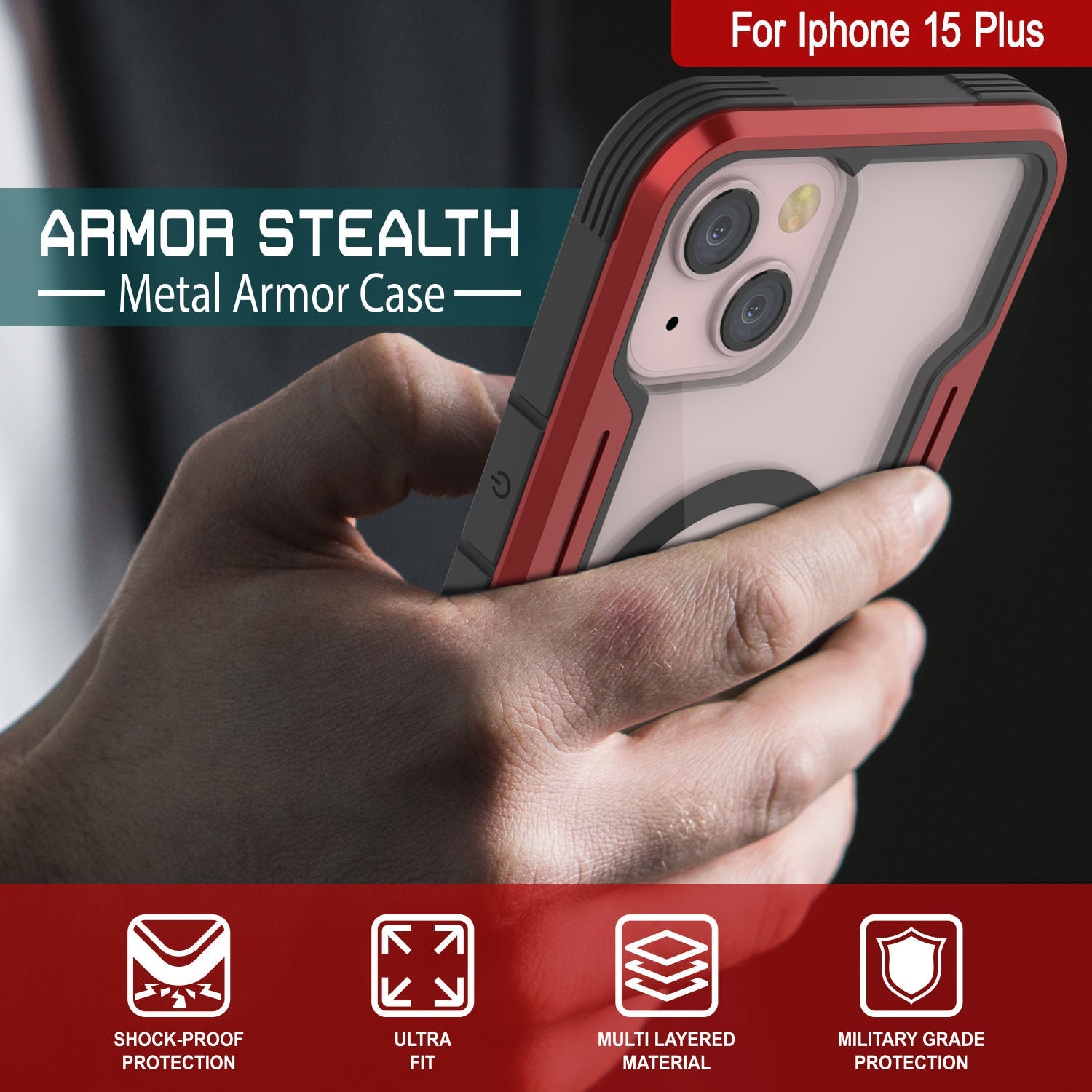 Punkcase iPhone 15 Plus Armor Stealth MAG Defense Case Protective Military Grade Multilayer Cover [Red]
