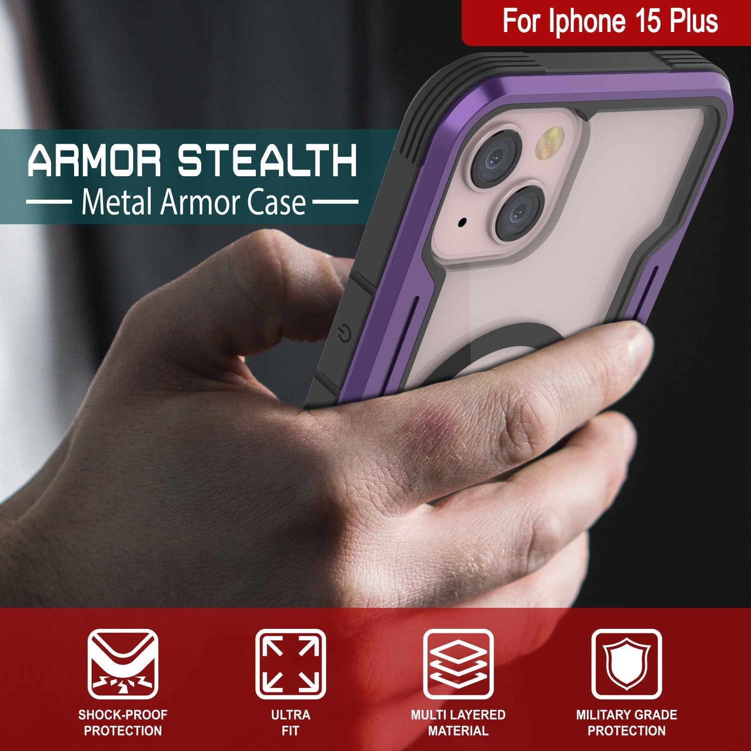 Punkcase iPhone 15 Plus Armor Stealth MAG Defense Case Protective Military Grade Multilayer Cover [Purple]