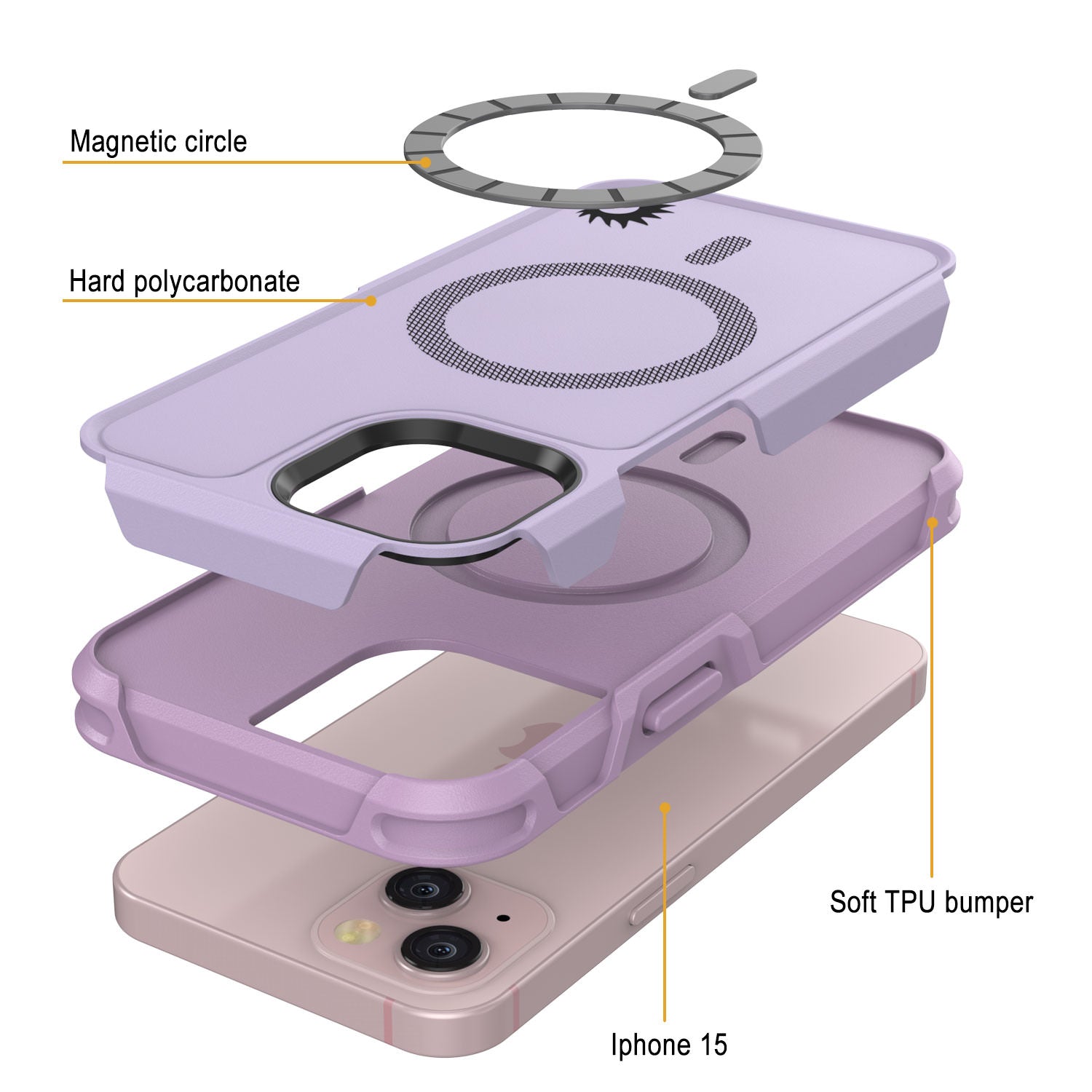 PunkCase iPhone 15 Case, [Spartan 2.0 Series] Clear Rugged Heavy Duty Cover W/Built in Screen Protector [lilac]