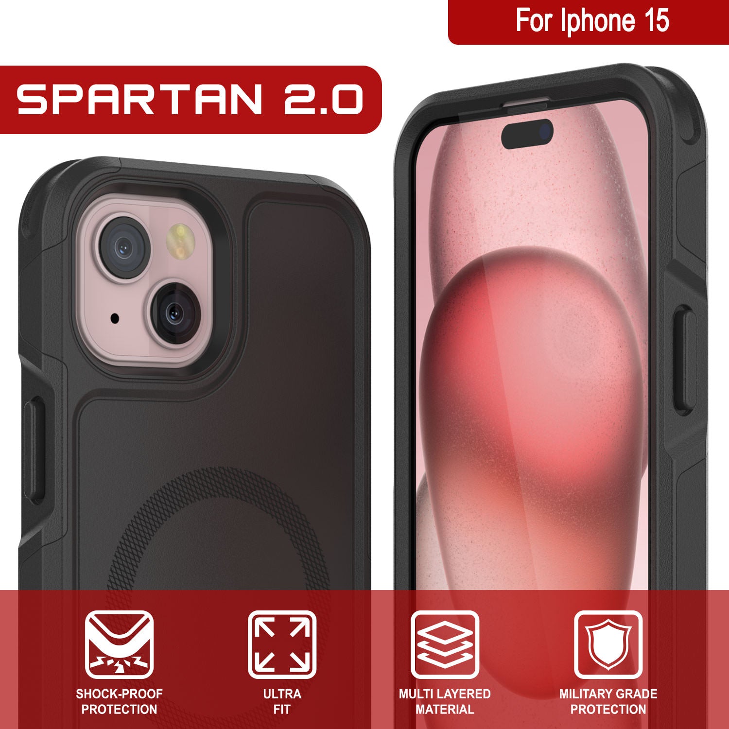 PunkCase iPhone 15 Case, [Spartan 2.0 Series] Clear Rugged Heavy Duty Cover W/Built in Screen Protector [Black]