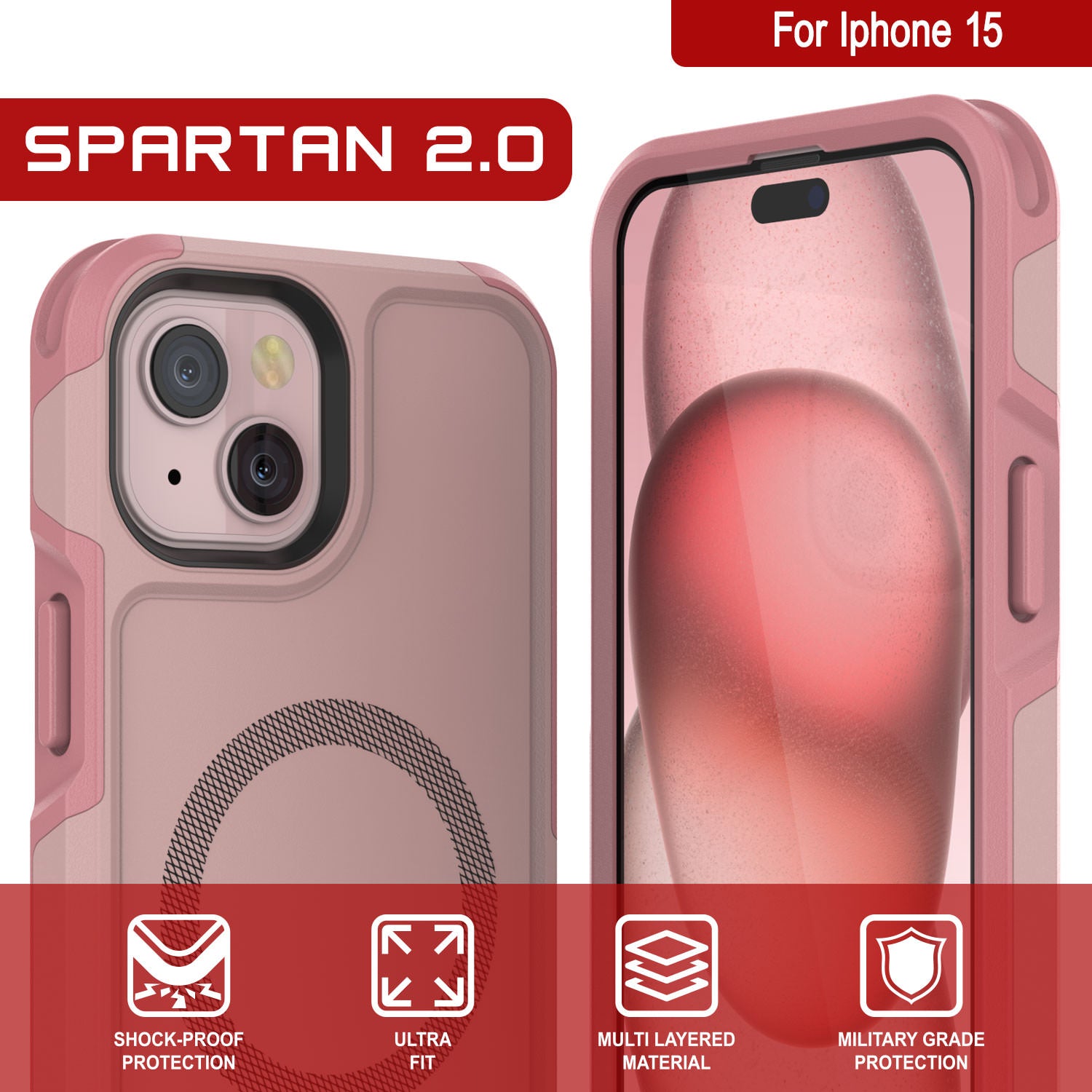 PunkCase iPhone 15 Case, [Spartan 2.0 Series] Clear Rugged Heavy Duty Cover W/Built in Screen Protector [pink]
